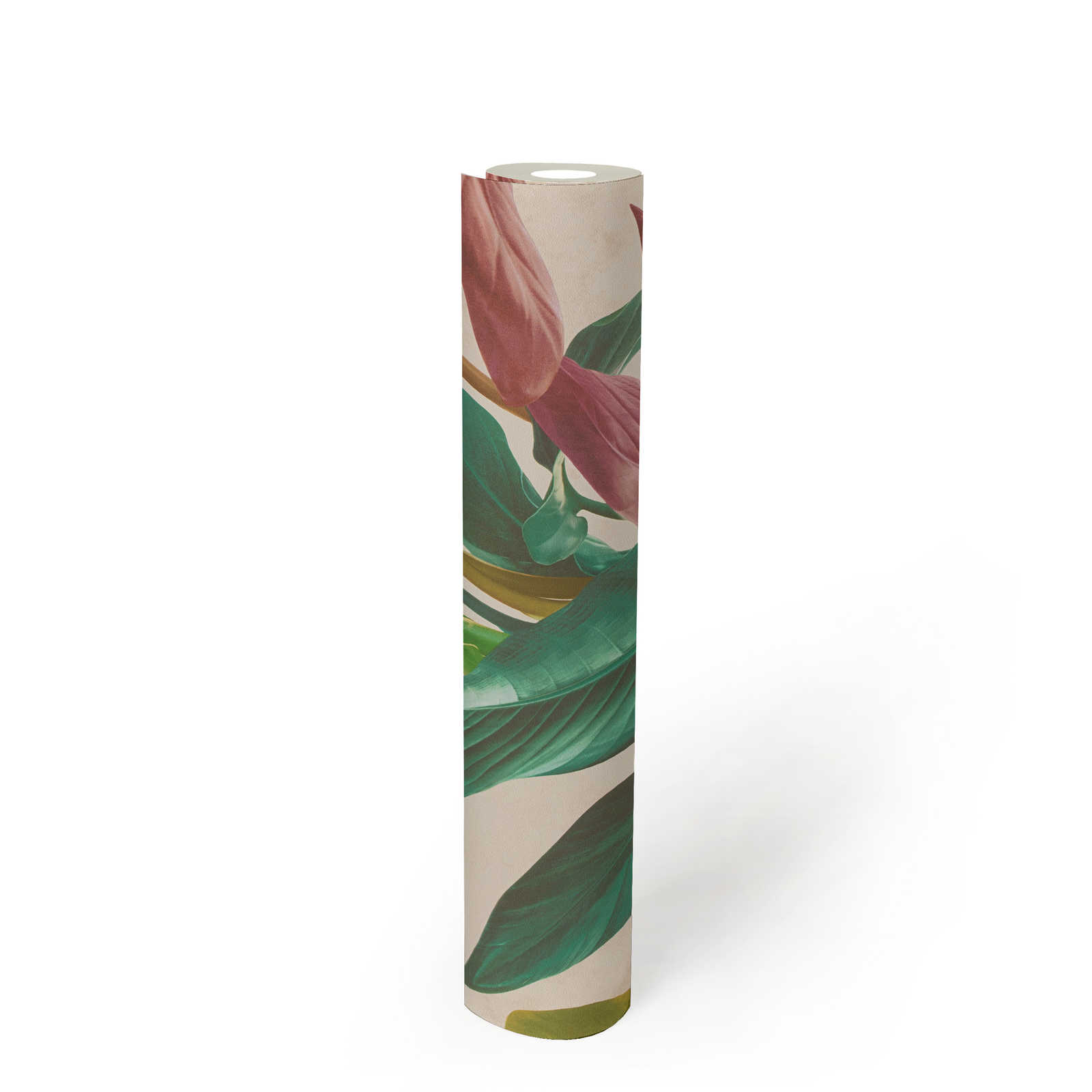             Wallpaper with leaves design in bright colours - colourful, cream, green
        