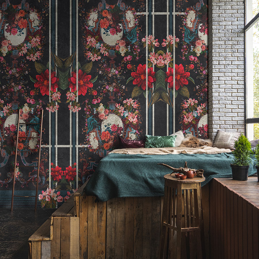 Photo wallpaper »babette« - Ornamental panelling with floral design on vintage plaster texture - red, dark blue | Smooth, slightly pearlescent non-woven fabric
