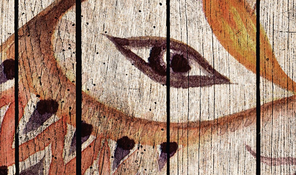             Papel pintado Cuento de hadas 2 - Zorro y pájaro sobre papel pintado efecto madera - Beige, Marrón | Liso mate
        