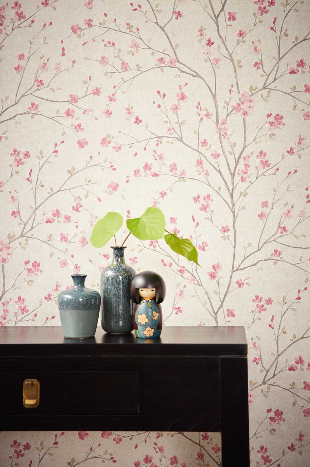            Non-woven wallpaper with cherry blossom design in Asian style - brown, pink, white
        