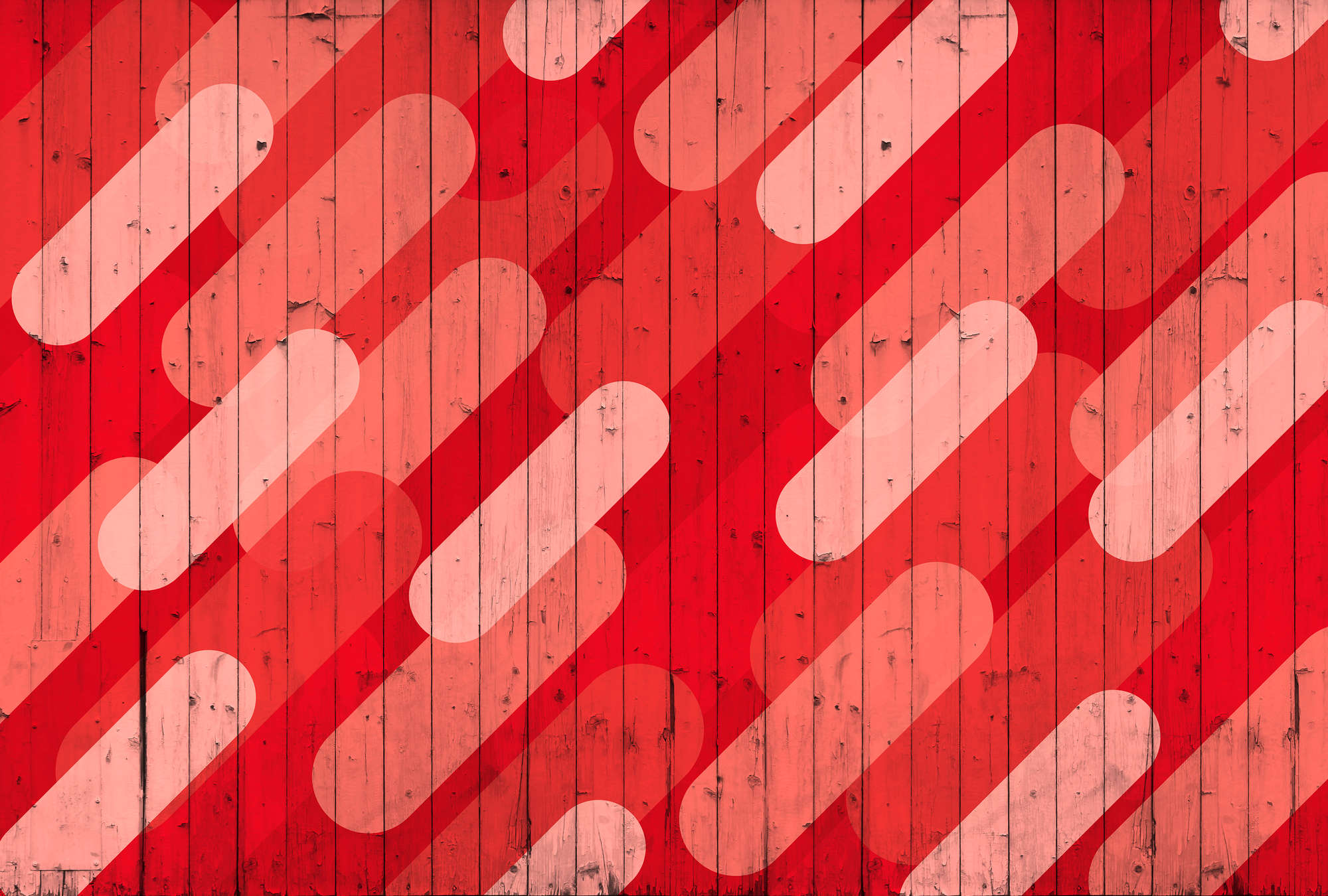             Board pattern & stripe design mural - red, pink, cream
        