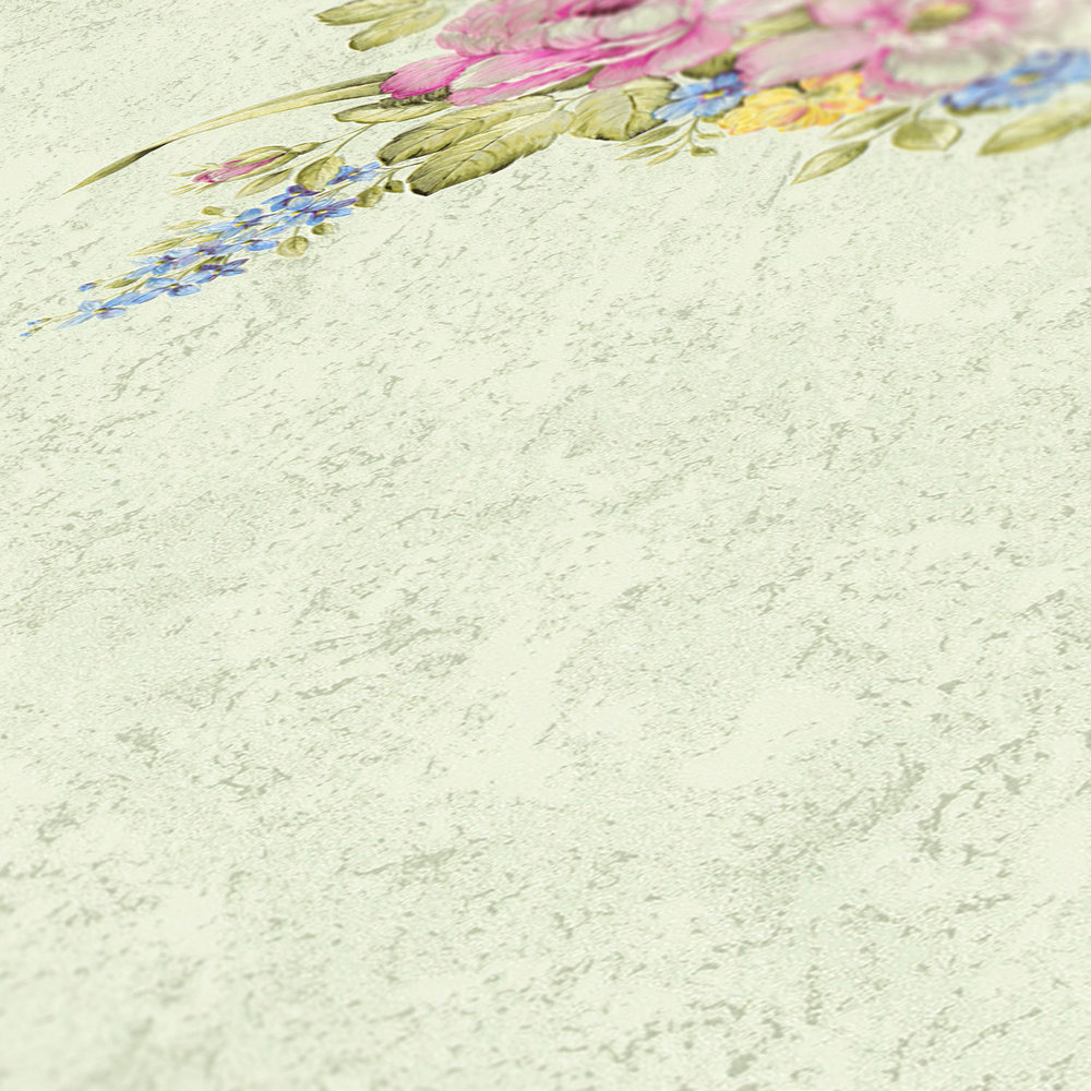            Papier peint fleuri avec ornements, structuré - vert, rose
        