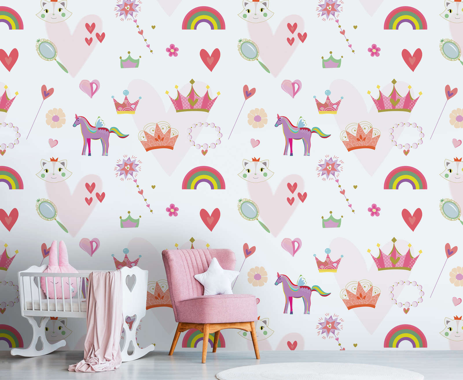             Children's wallpaper in princess style with hearts and animals - colourful, pink, white
        