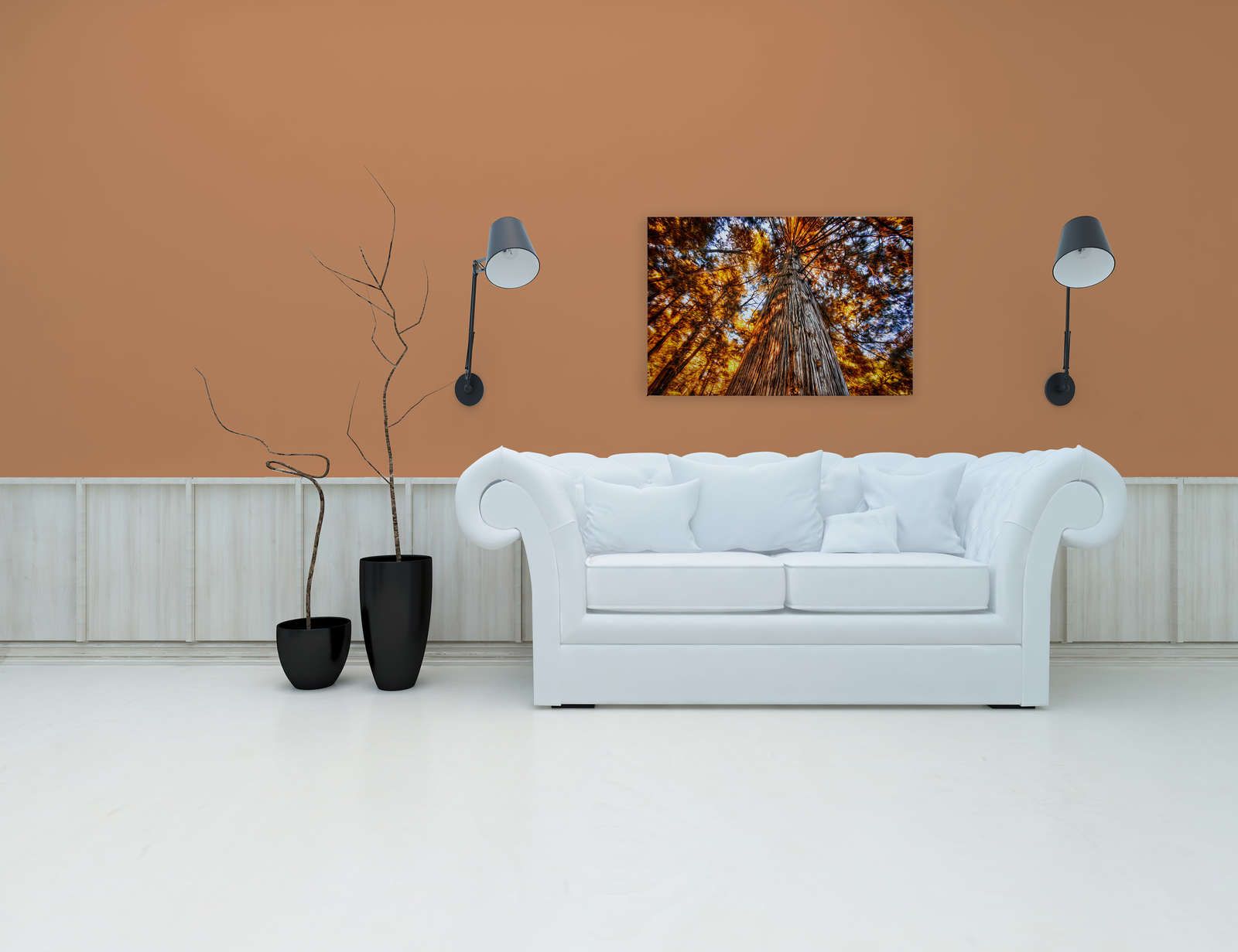             Canvas schilderij Blik in de boomtop in oplichtende kleuren - 0,90 m x 0,60 m
        