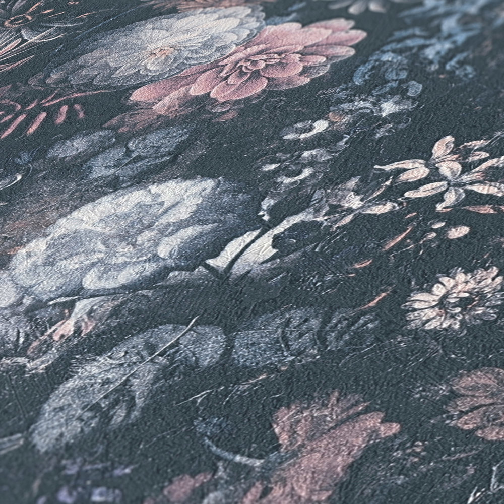             Bloemenbehang Rozen Schilderij met Textuureffect - Grijs, Roze
        