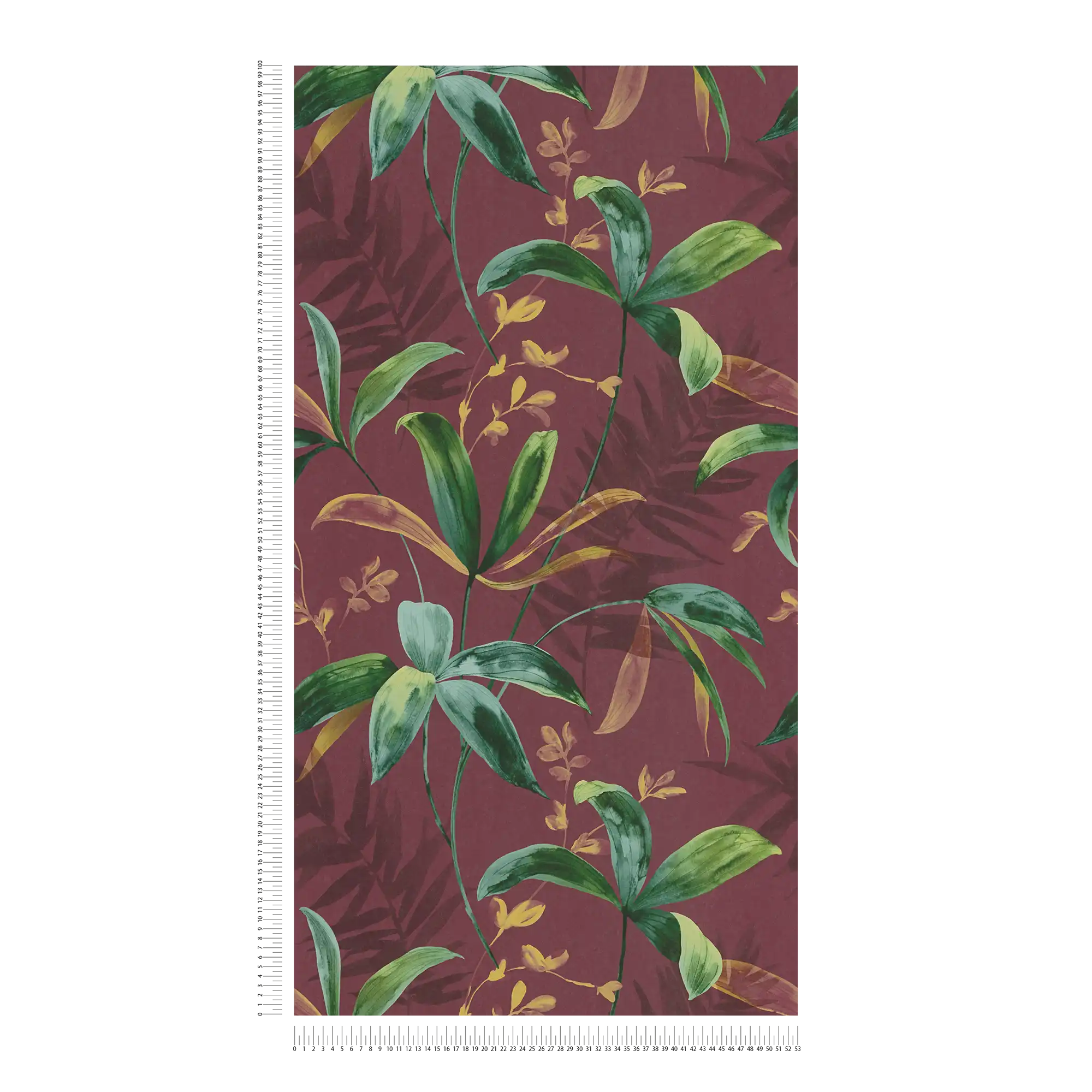             Dark red wallpaper with green leaves in watercolour style - red, green, yellow
        