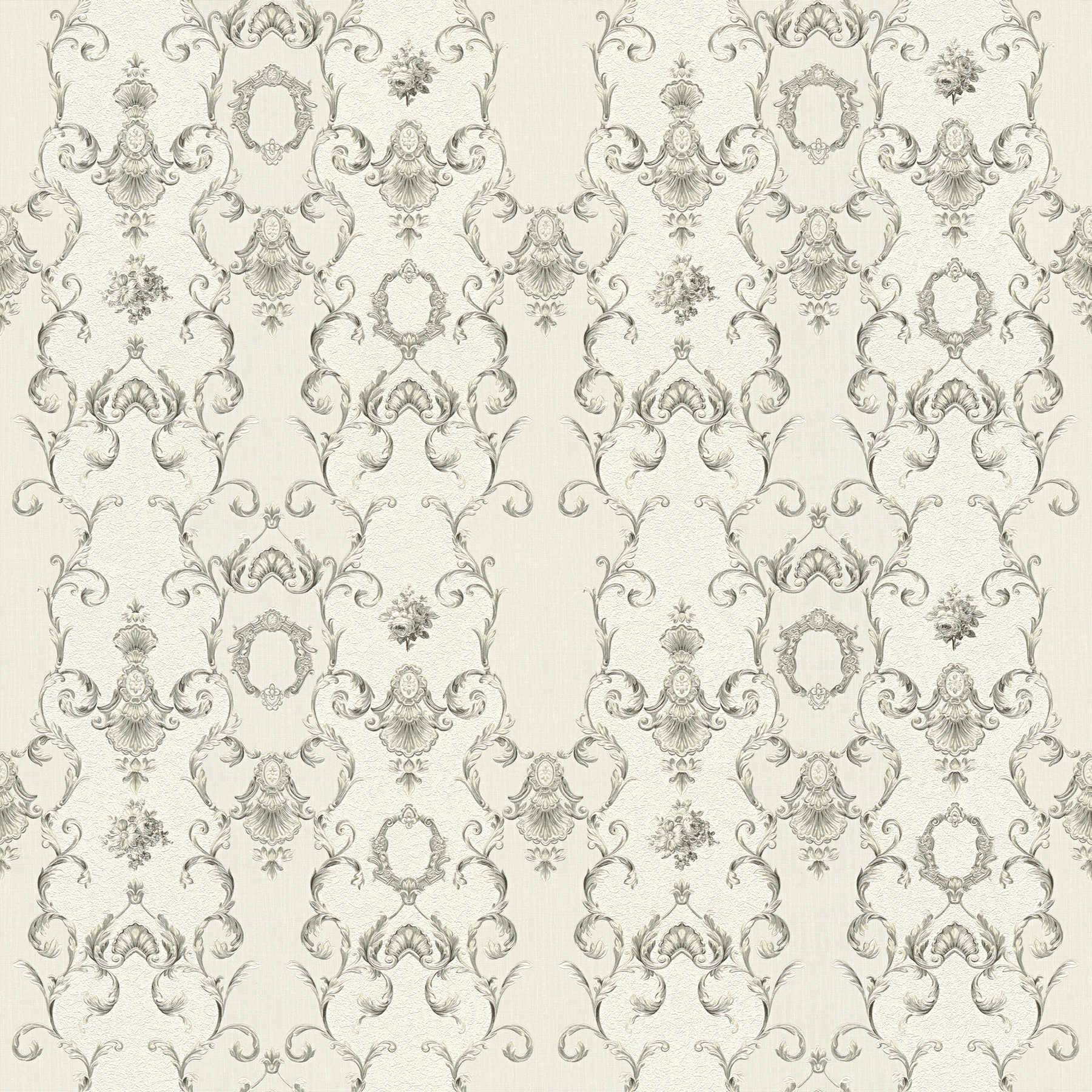 Carta da parati ornamentale in stile classicista con design metallico - grigio, bianco
