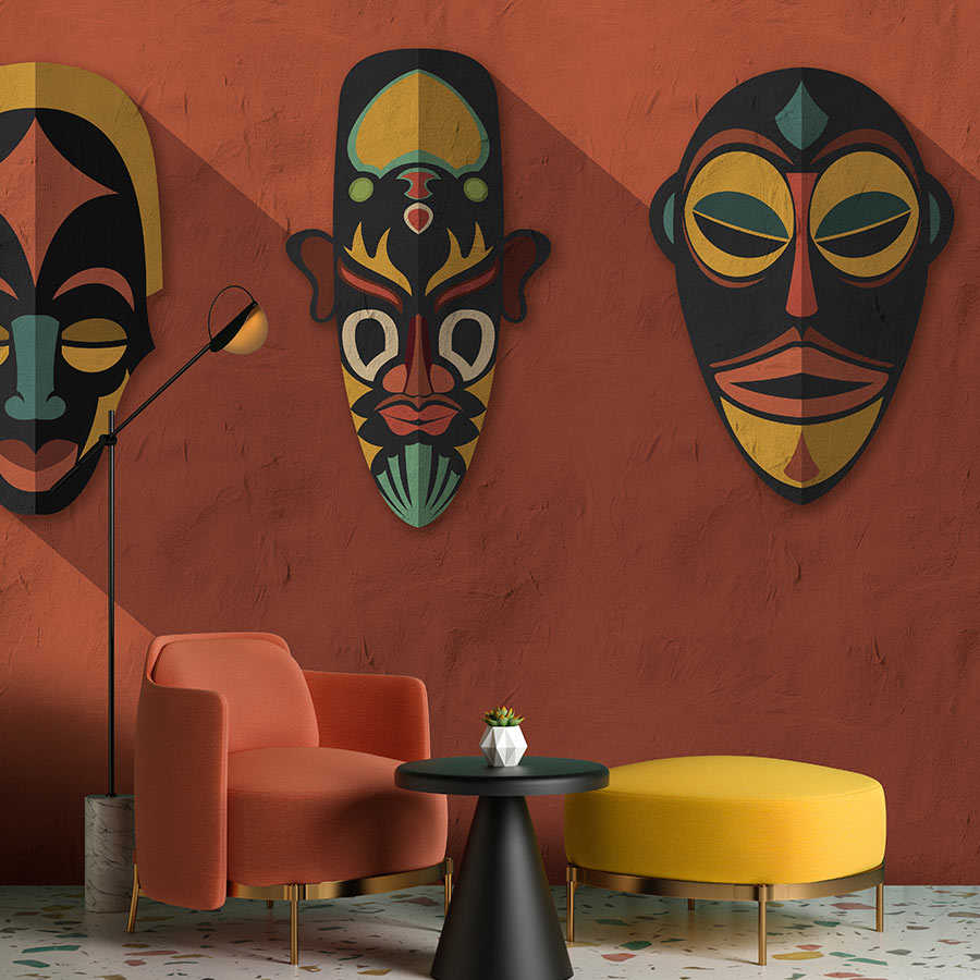 Zulu 2 - Muurschildering Terracotta Oranje, Afrika Maskers Zulu Ontwerp
