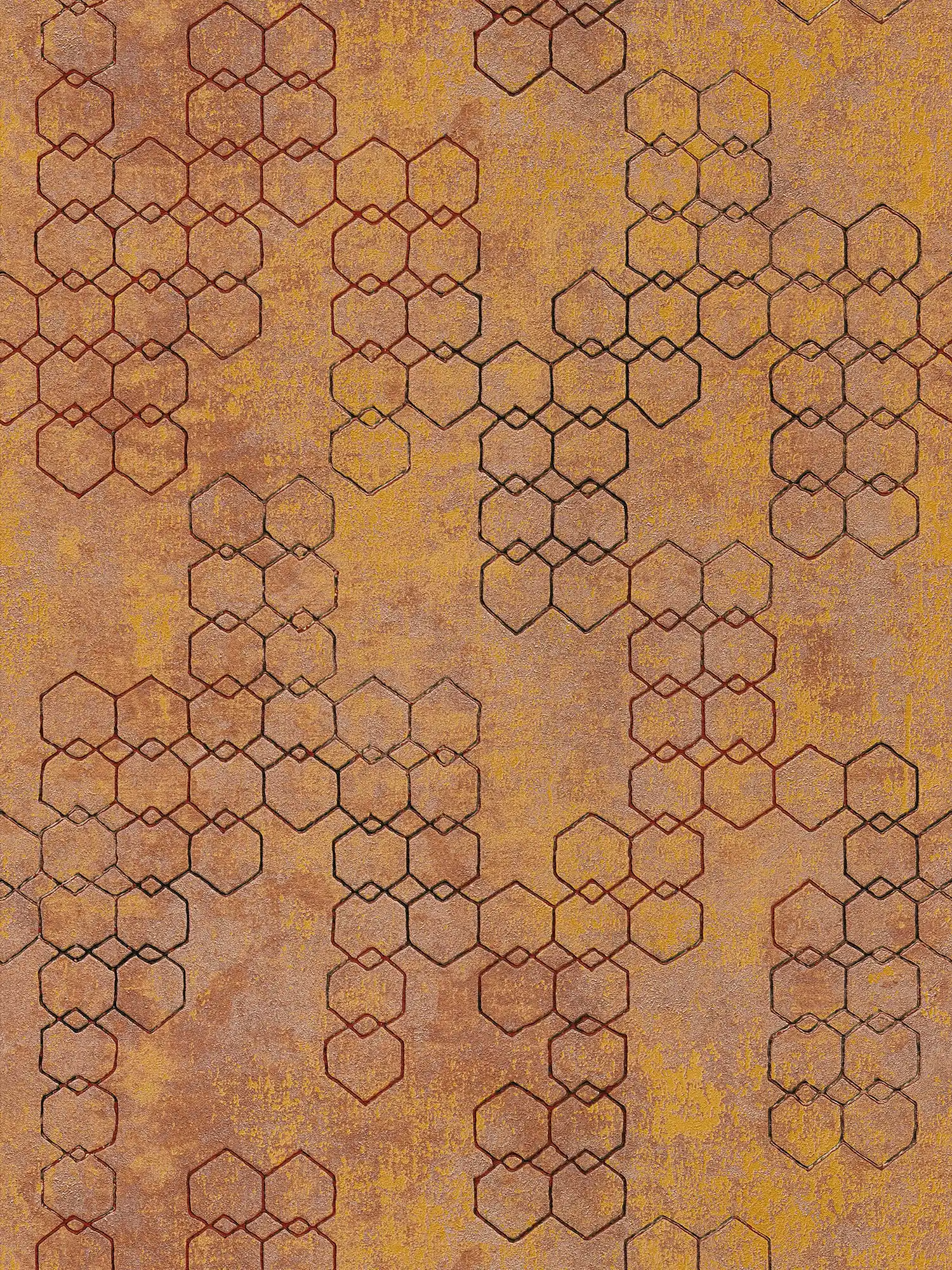 Carta da parati con motivi geometrici in stile industriale - arancione, oro, marrone
