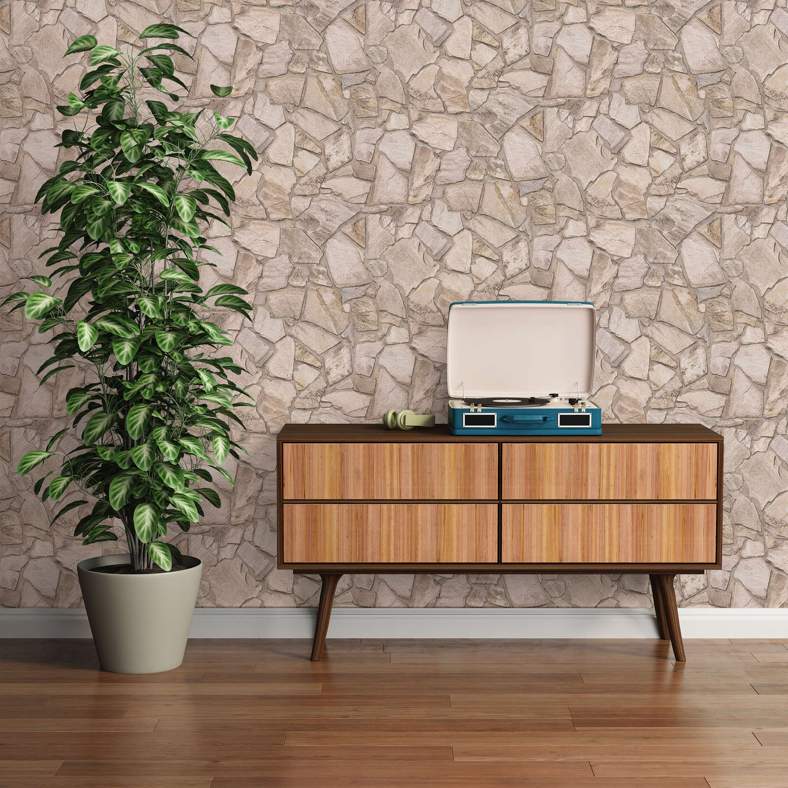            Non-woven wallpaper in stone look with 3D brickwork - beige, grey, brown
        