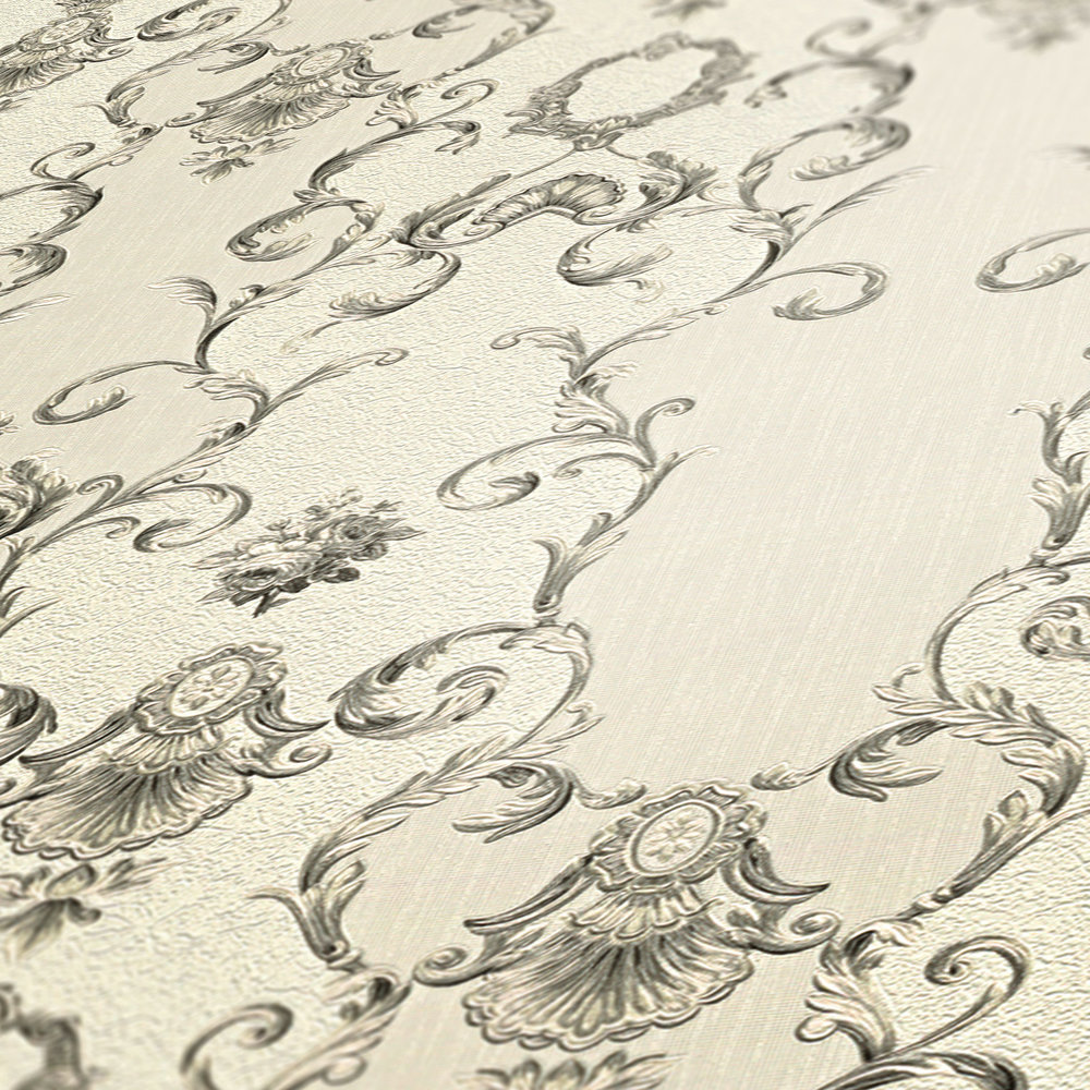             Papier peint ornemental style classique avec motif métallique - gris, blanc
        