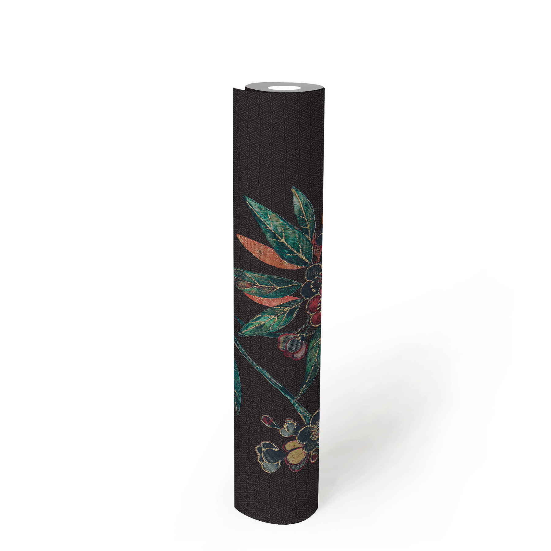             Floral wallpaper with flower tendrils in Asian style - black, green, red
        