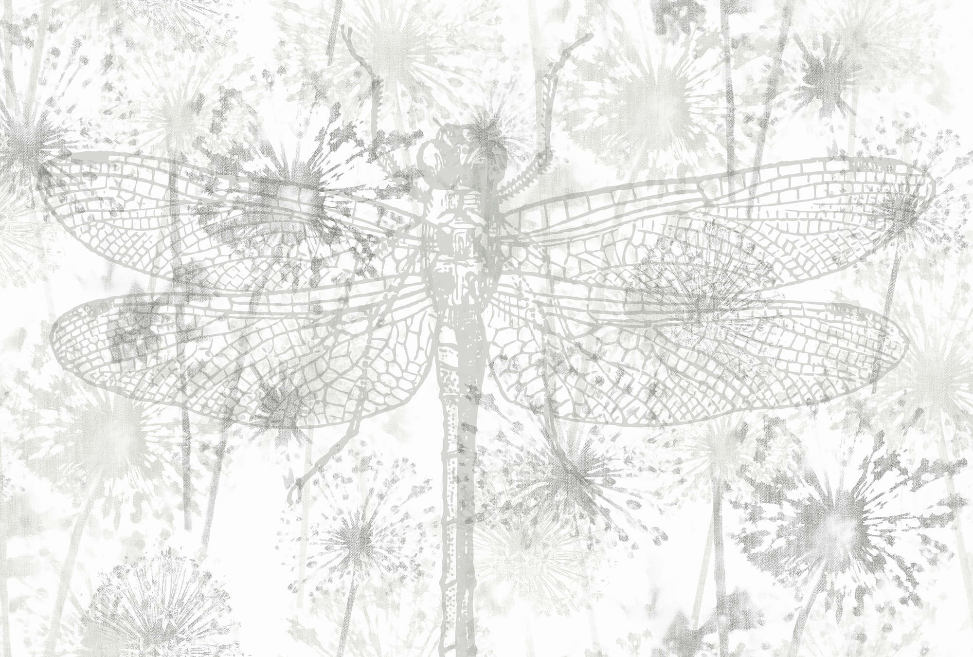             Photo wallpaper flowers & dragonflies with natural pattern - grey, white
        