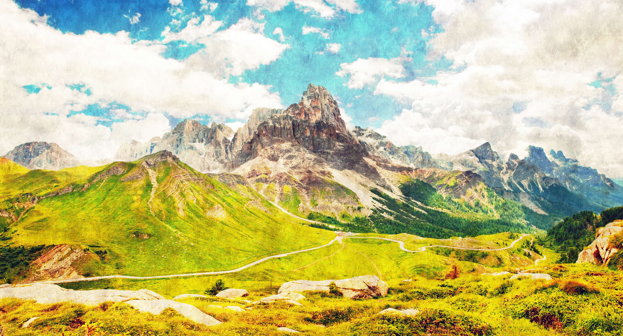             Dolomiti 1 - Papier peint Dolomites Rétro Photographie - Revêtement mural en papier buvard - Bleu, Vert | Nacré intissé lisse
        