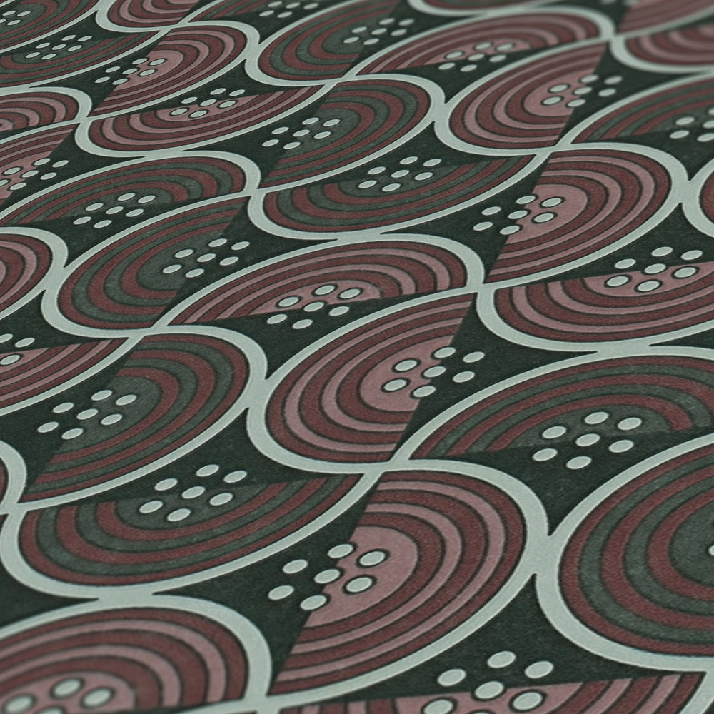             Vliesbehang met stippen en halve cirkels geometrisch patroon - rood, groen, zwart
        