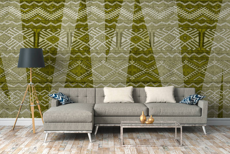             Textiel Behang met Kleurrijk Ethno Patroon - Groen, Wit
        
