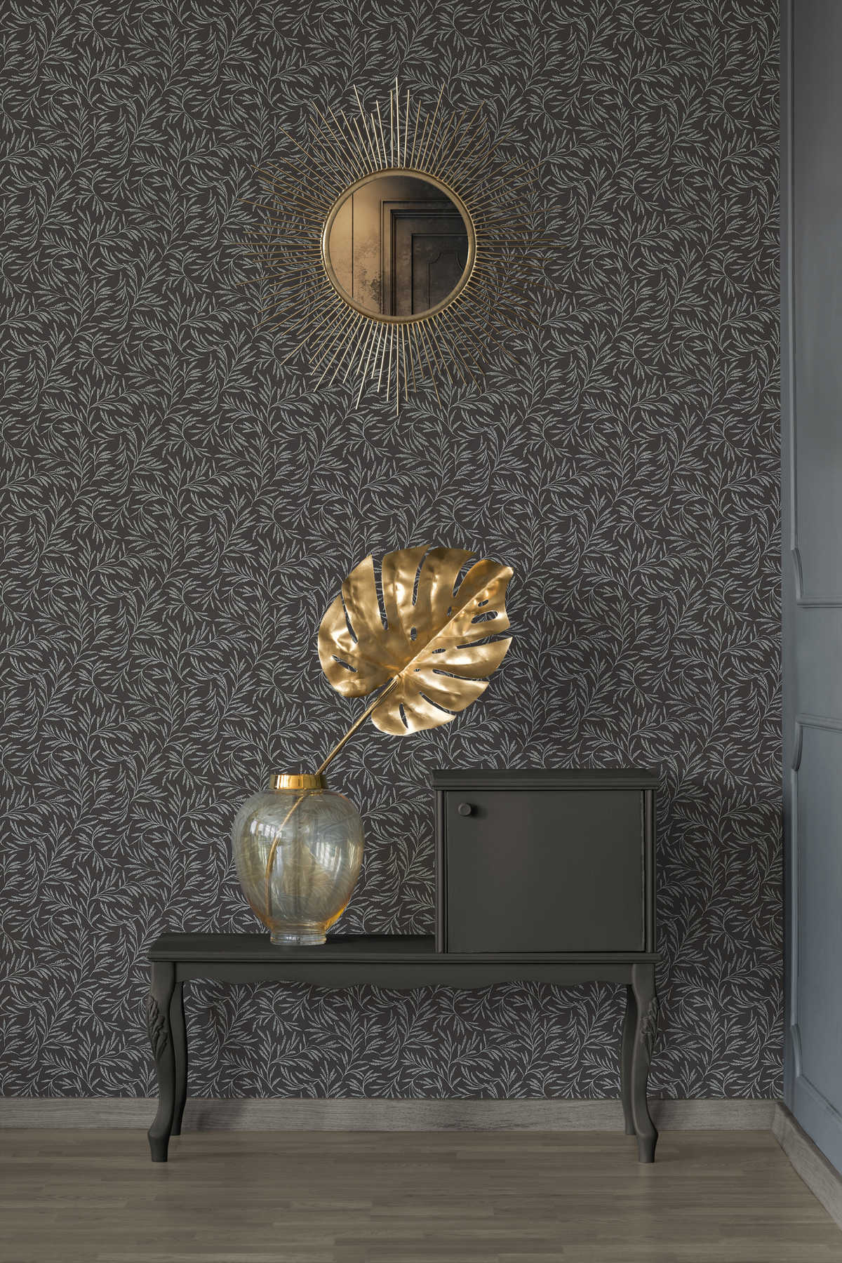             Vlie wallpaper metallic pattern with leaf tendrils - metallic, black
        