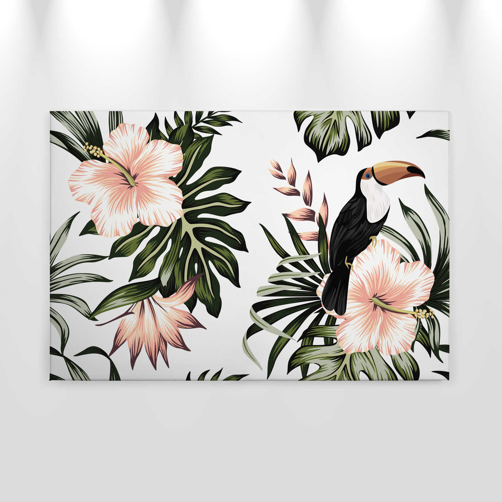             Canvas met Jungleplanten en Pelikaan | Wit, Roze, Groen - 0,90 m x 0,60 m
        