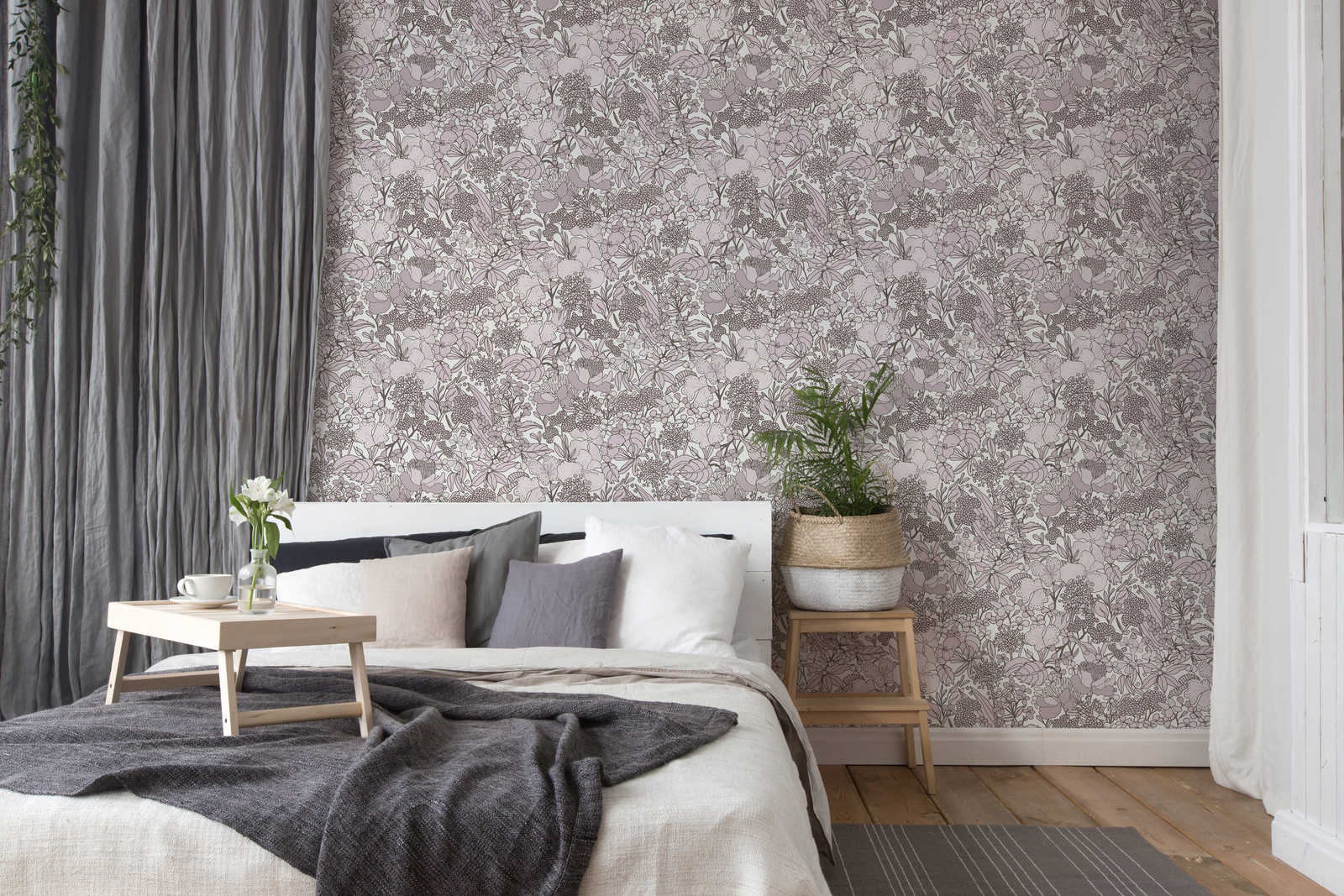             wallpaper grey beige floral pattern in drawing style - cream, brown, white
        