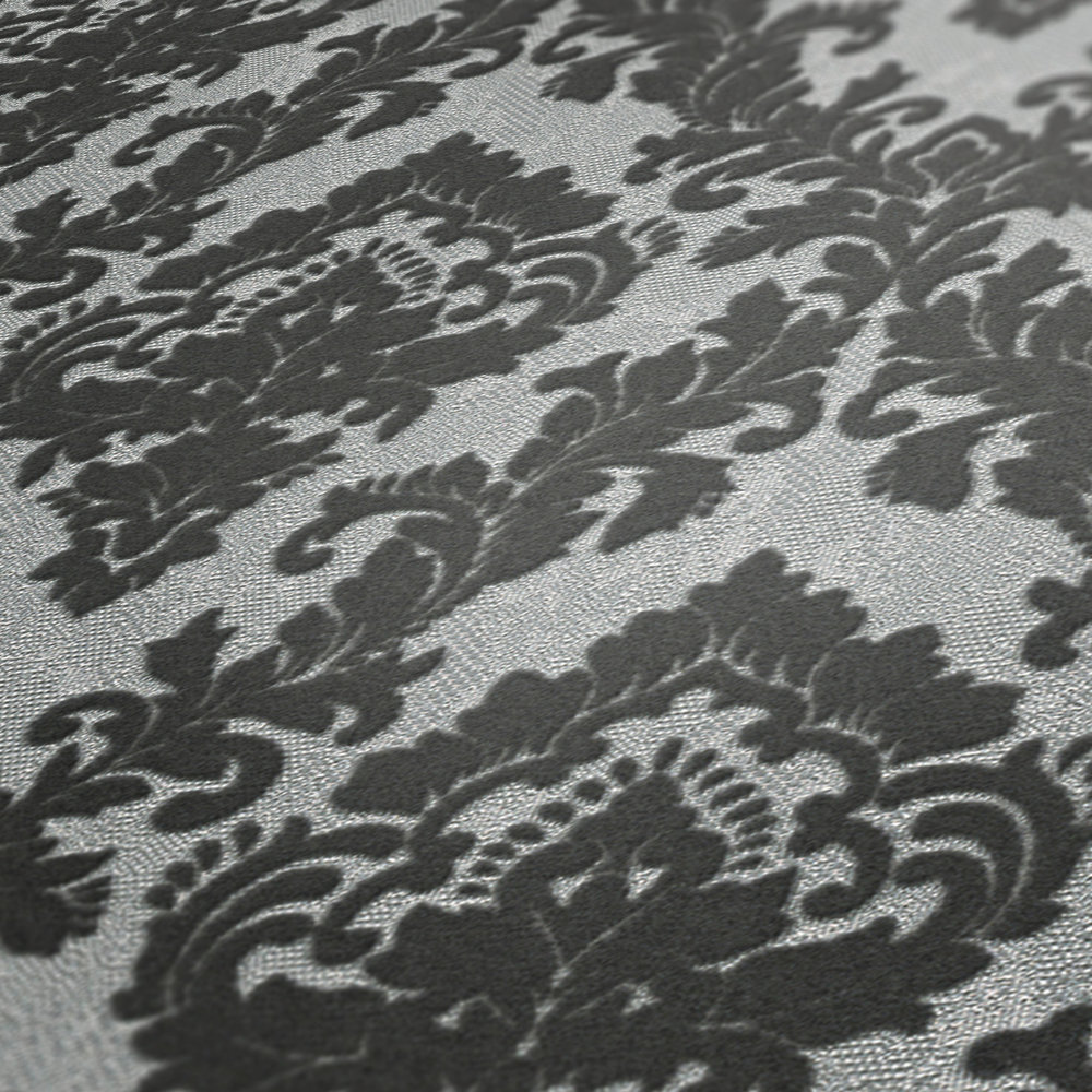             Papel pintado Ornamento con flocado y brillo de seda - gris
        