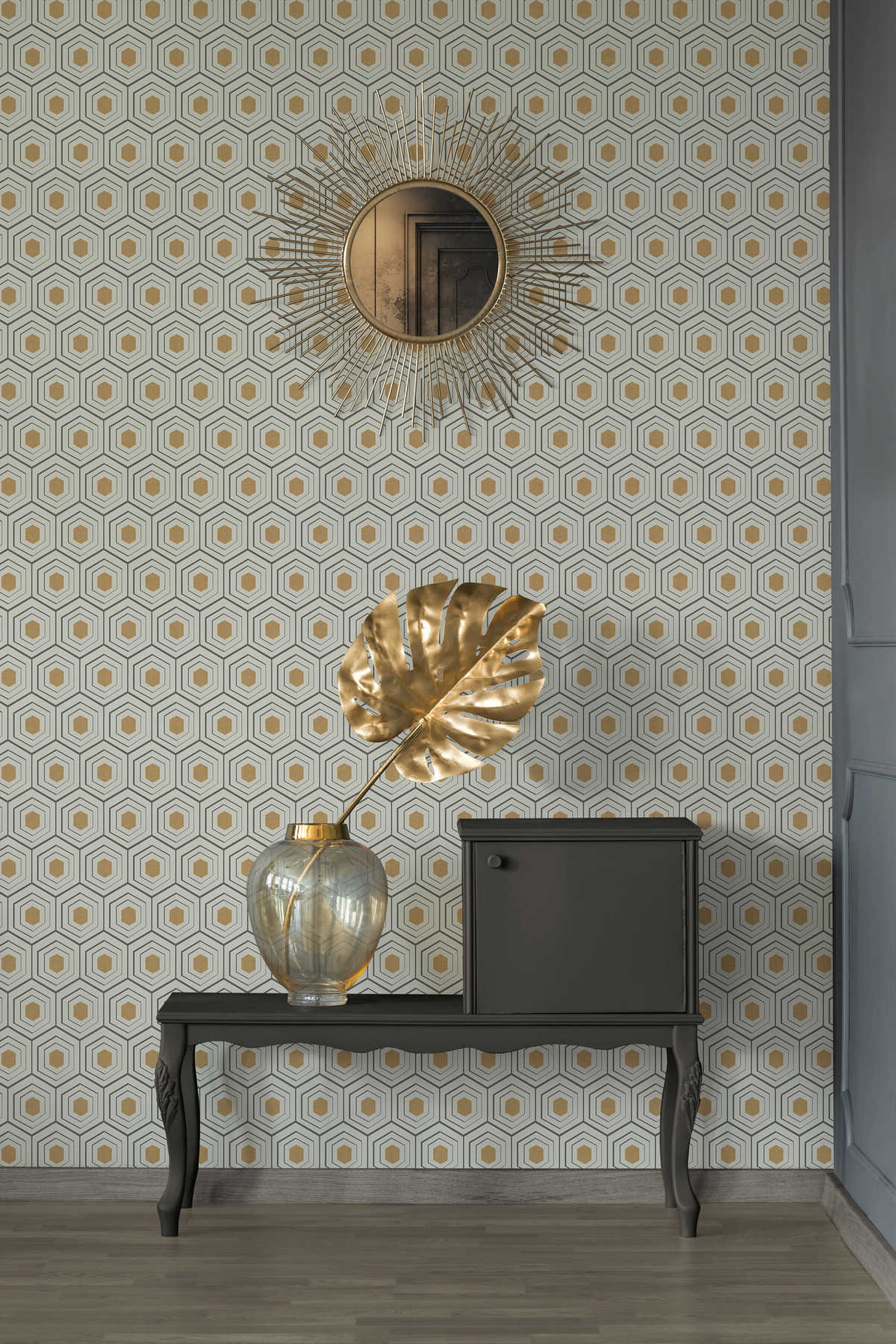            Retro wallpaper 50s honeycomb pattern & metallic accent - beige
        