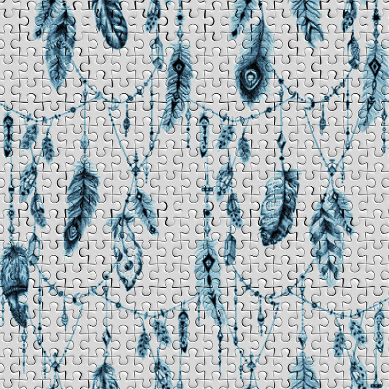         Boho style puzzle mural with feather motif - blue, grey, white
    
