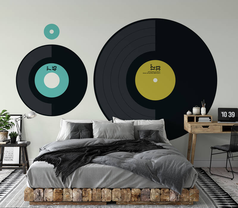             Papier peint panoramique Musique avec design rétro de vinyles LP & EP
        