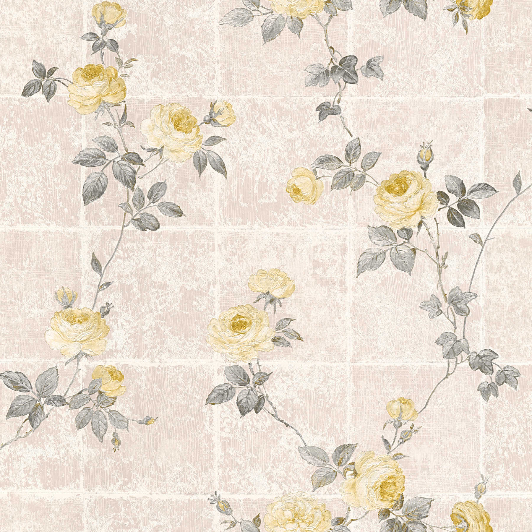 Country style wallpaper tile pattern and roses - yellow, beige
