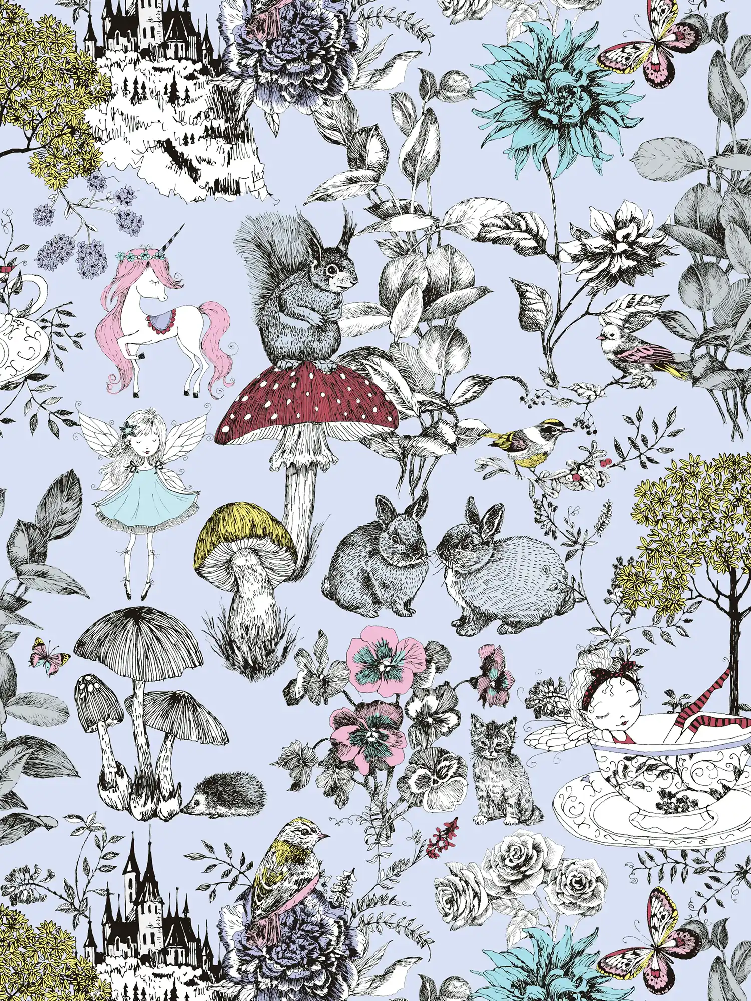         Fairies wallpaper forest motif Nursery - grey, black, white
    