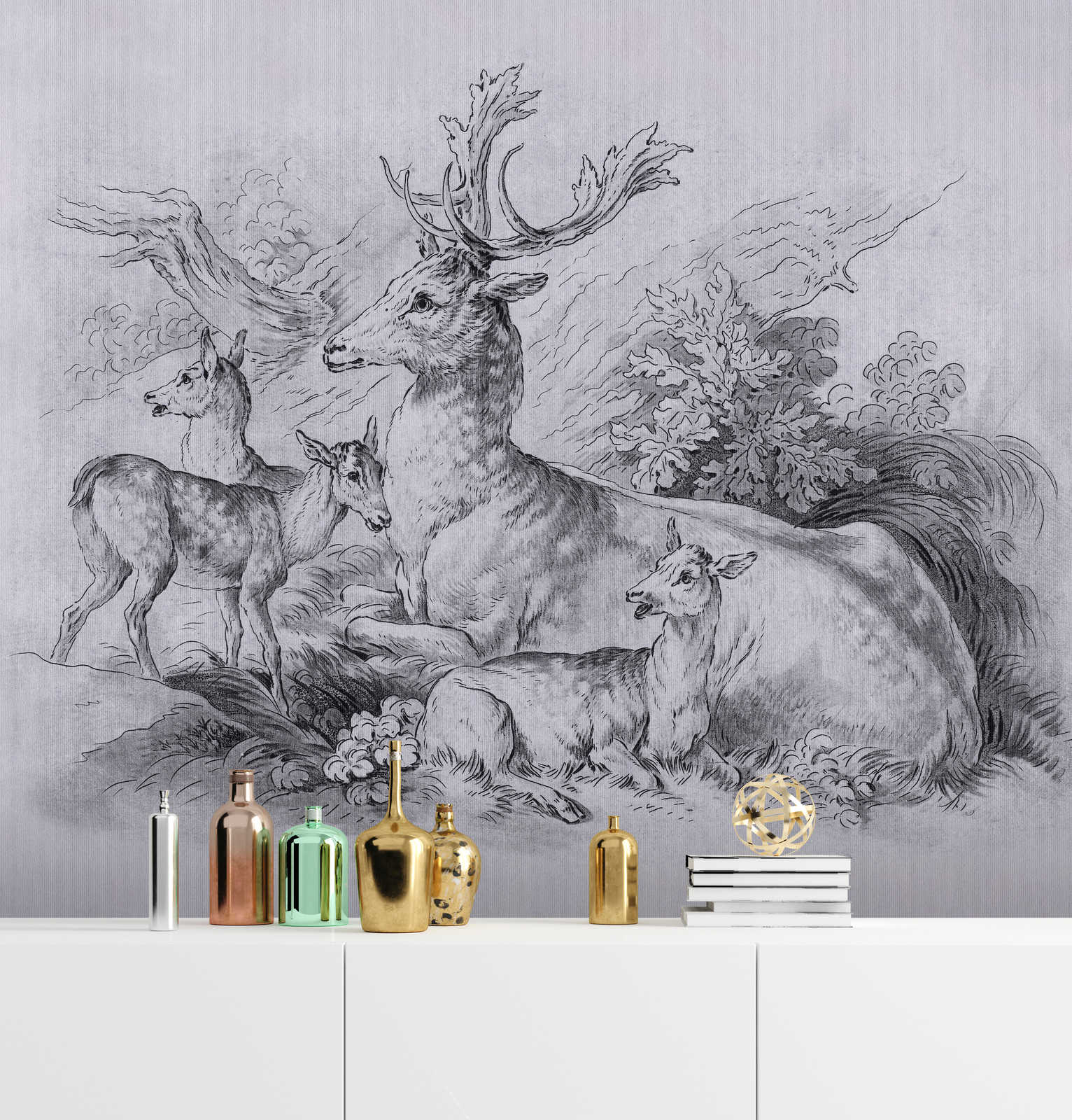             On the Grass 2 - Deer & Stag Vintage Drawing Wallpaper in Grey
        