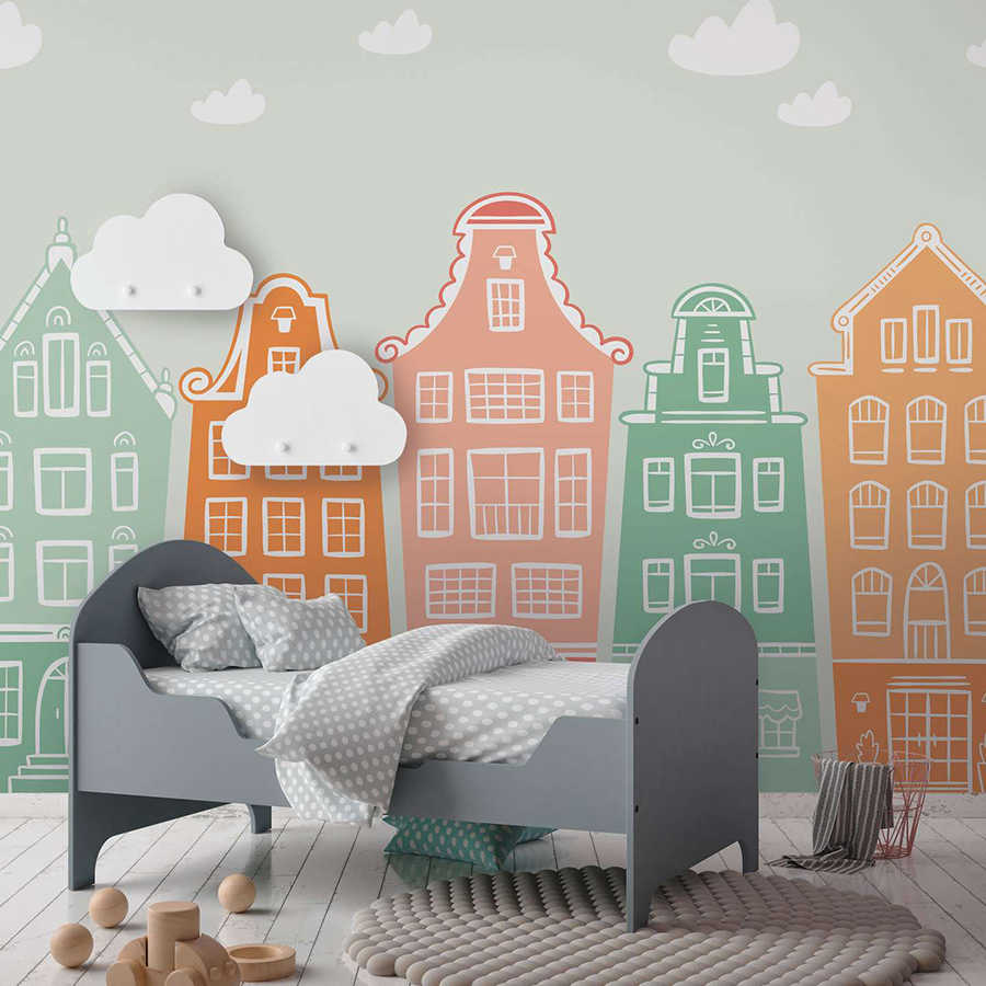 Papier peint panoramique chambre d'enfant petite ville avec maisons - pastel, multicolore
