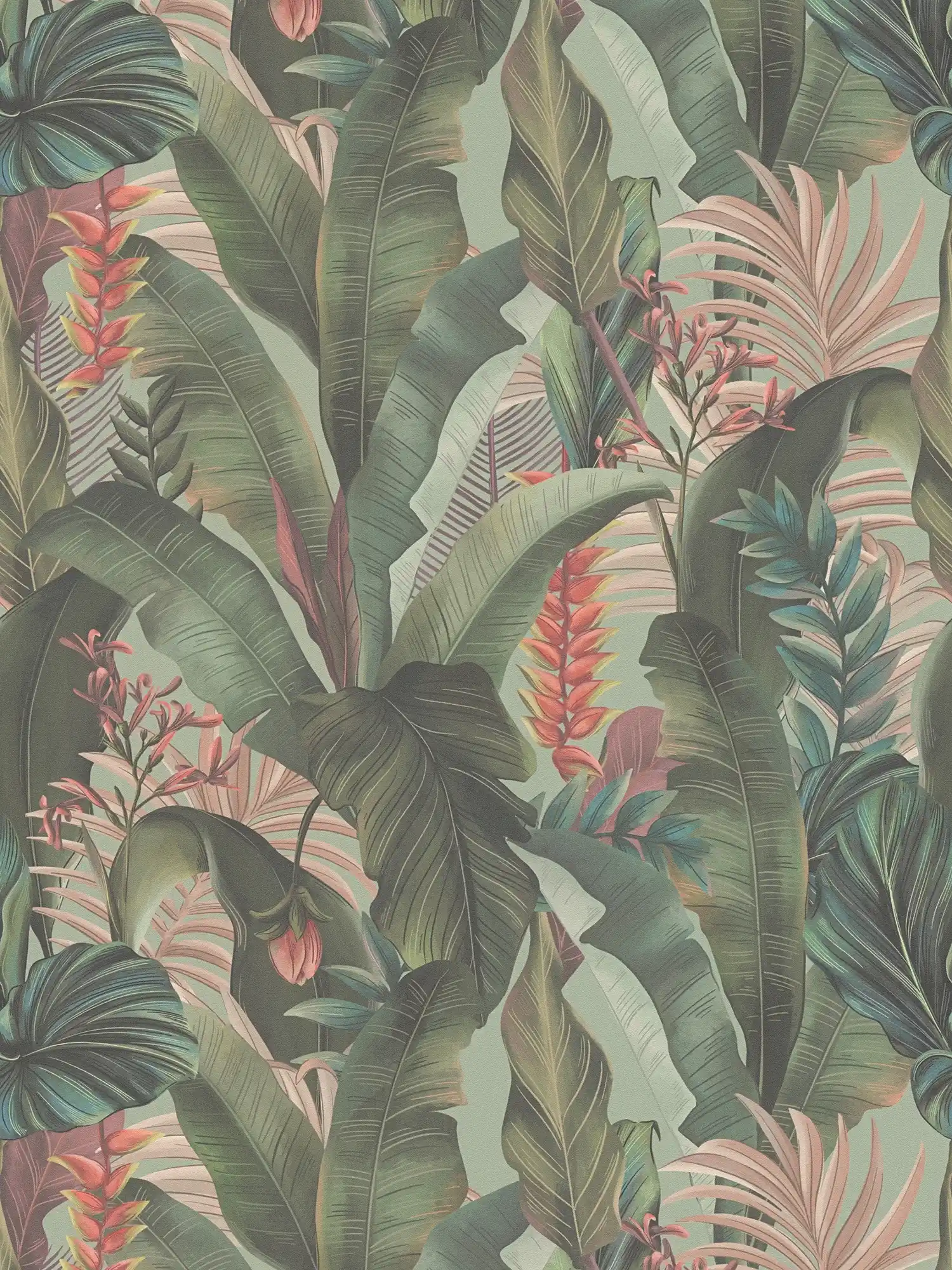             Floral jungle wallpaper with palm leaves & flowers textured matt - green, pink, red
        