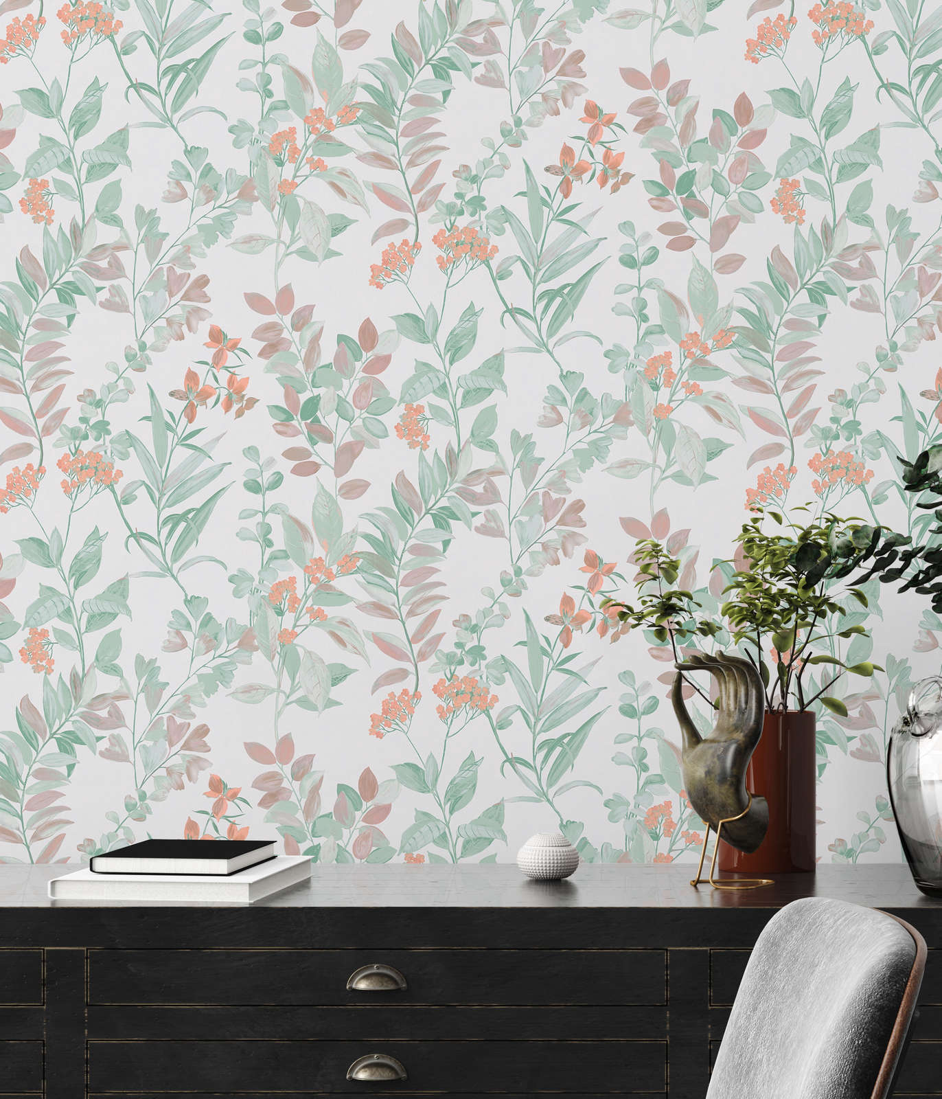             Non-woven wallpaper with floral pattern - multicoloured, green, white
        