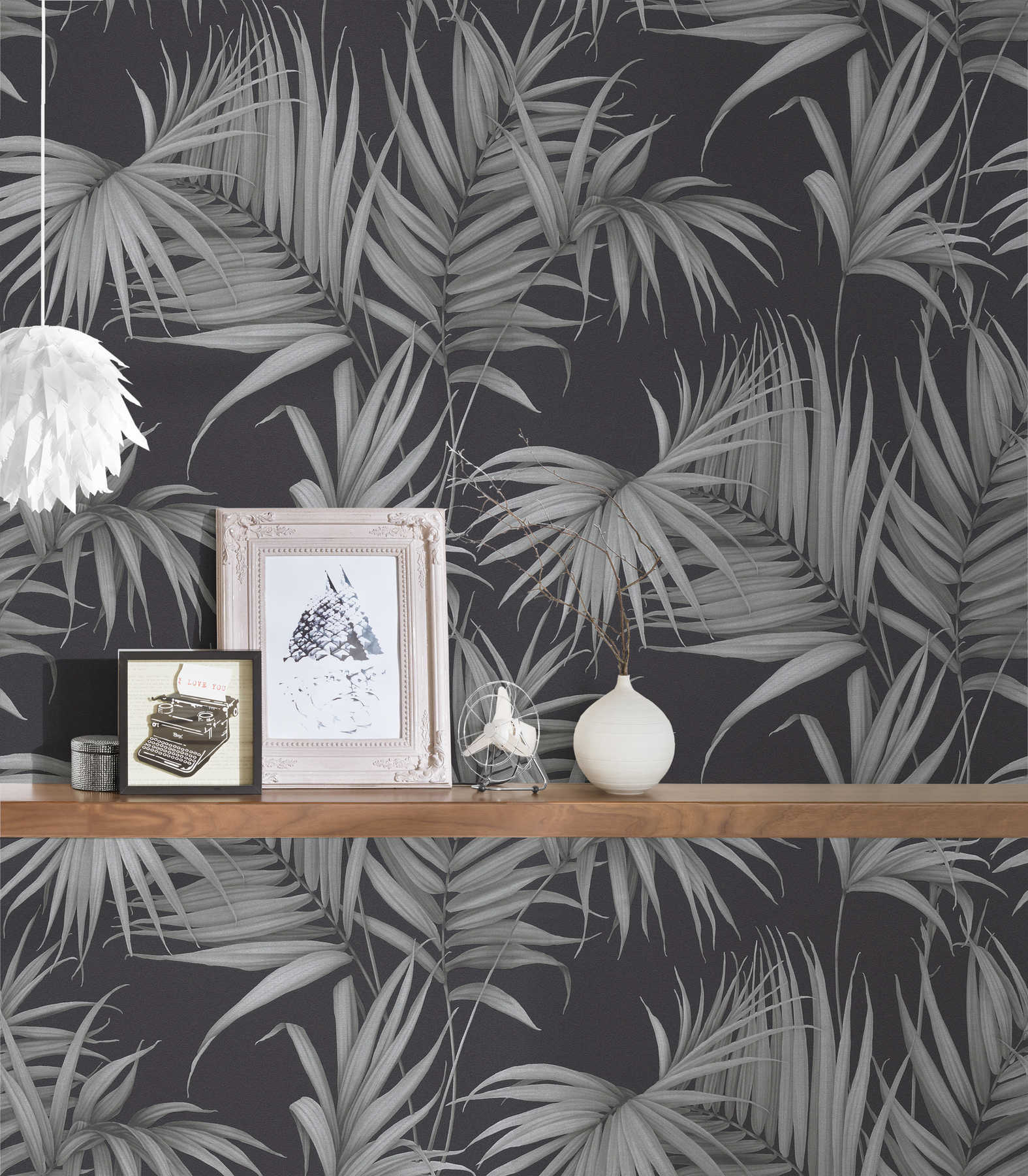             Papier peint tropical avec feuilles de fougères - gris, noir
        