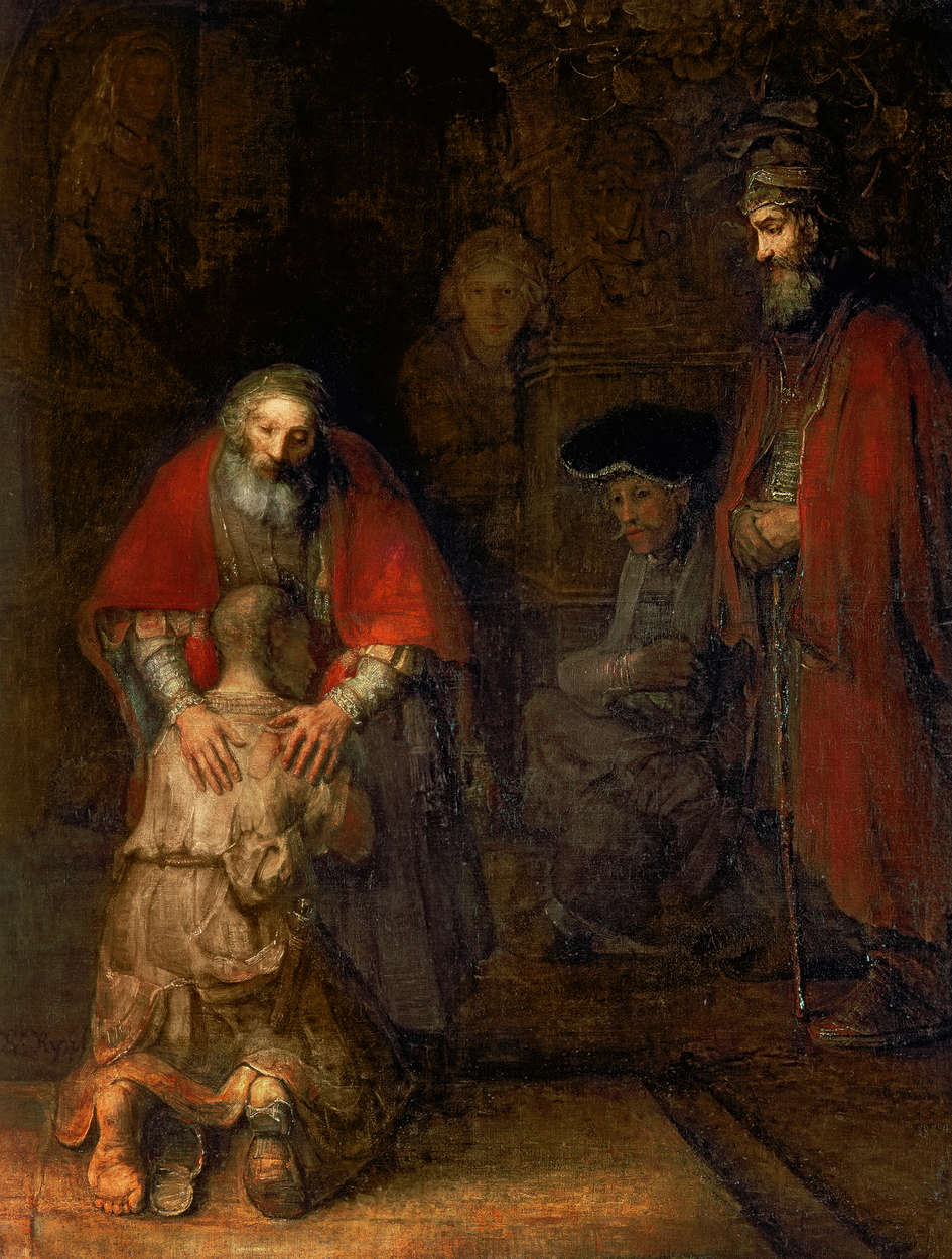             De terugkeer van de verloren zoon" muurschildering van Rembrandt van Rijn
        