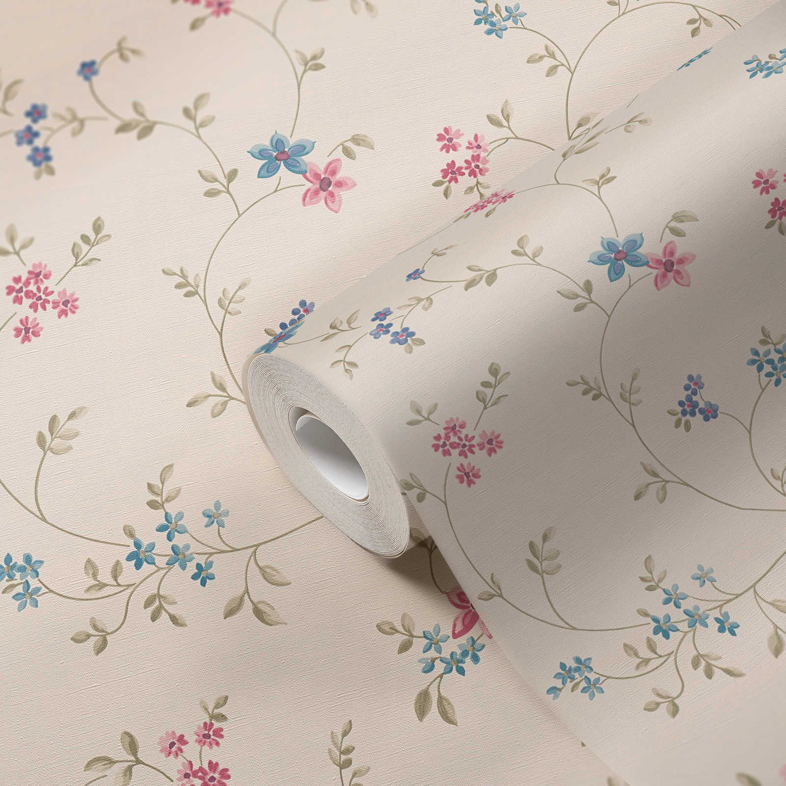             Non-woven wallpaper with floral tendrils - cream, green, pink
        
