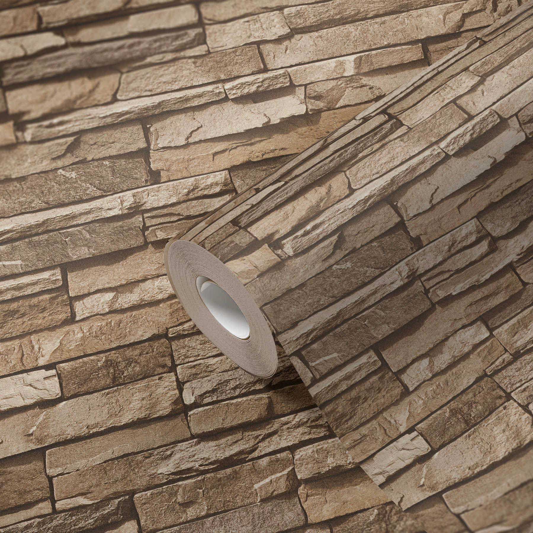             Behang met stenen muurpatroon & 3D-optiek - bruin, beige
        