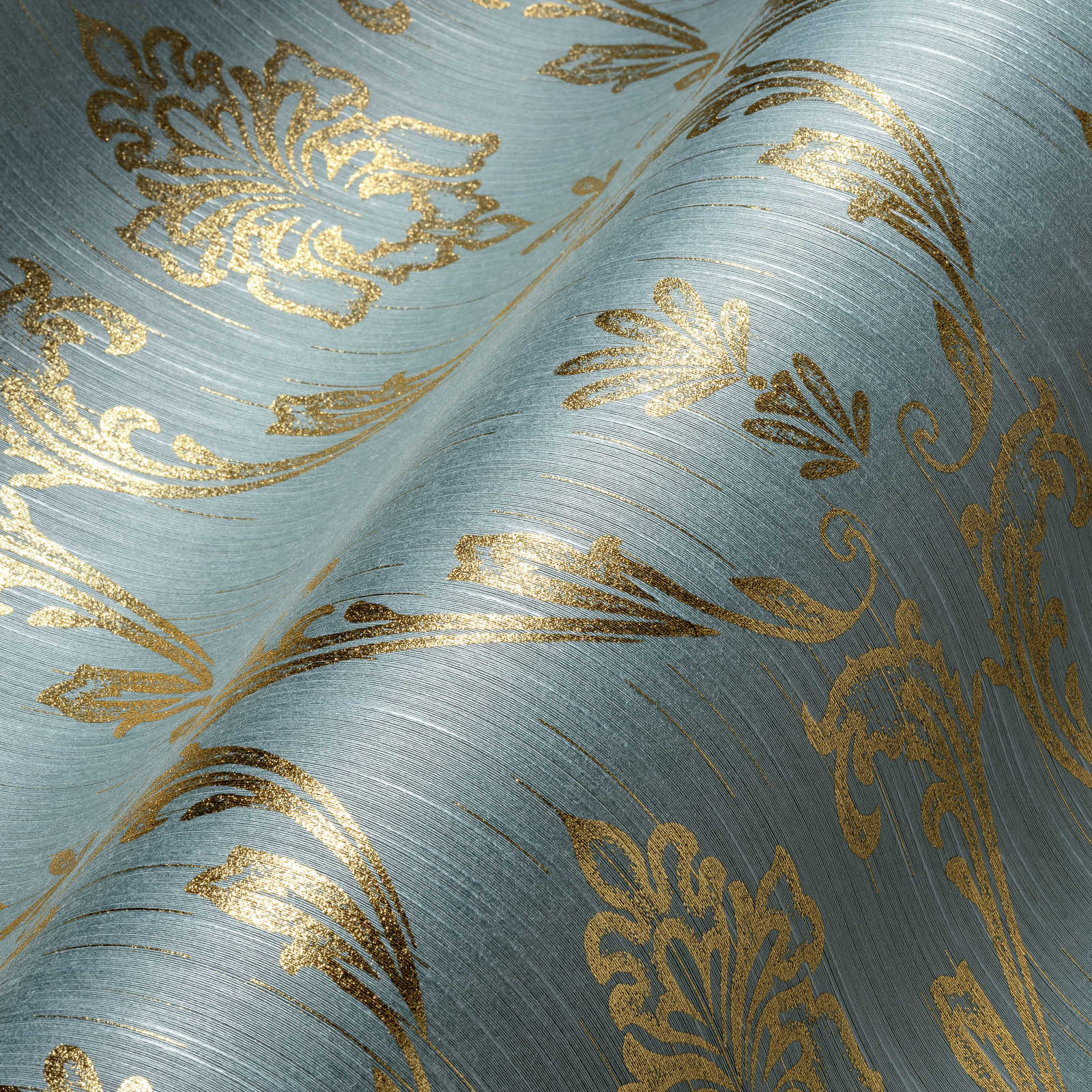             Ornamental wallpaper with floral elements in gold - gold, blue, green
        
