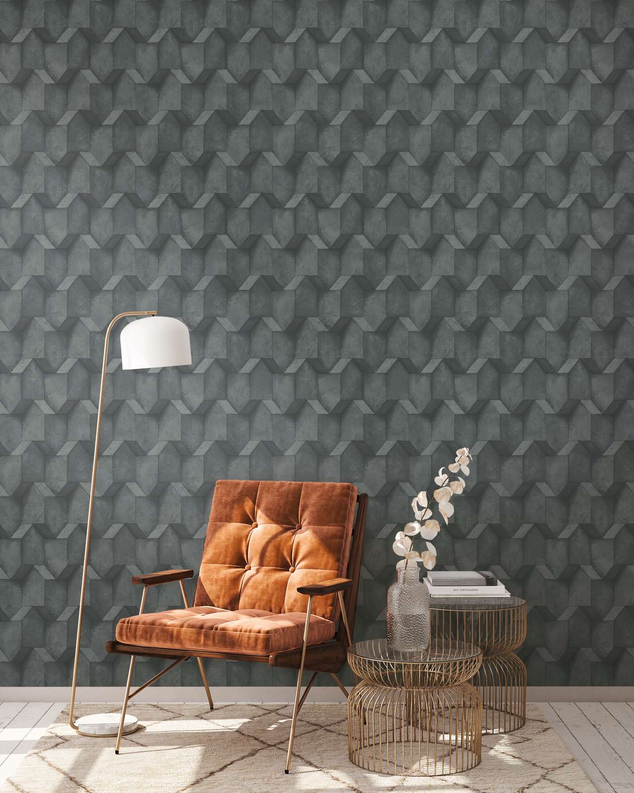             Anthracite wallpaper with 3D concrete look - black, grey
        