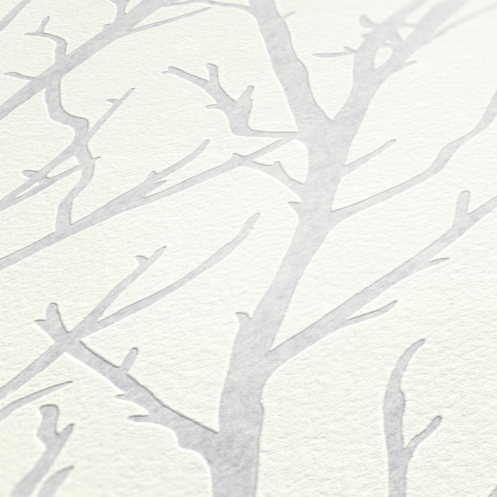             Papel pintado con motivo de ramas y aspecto 3D - pintable, blanco
        