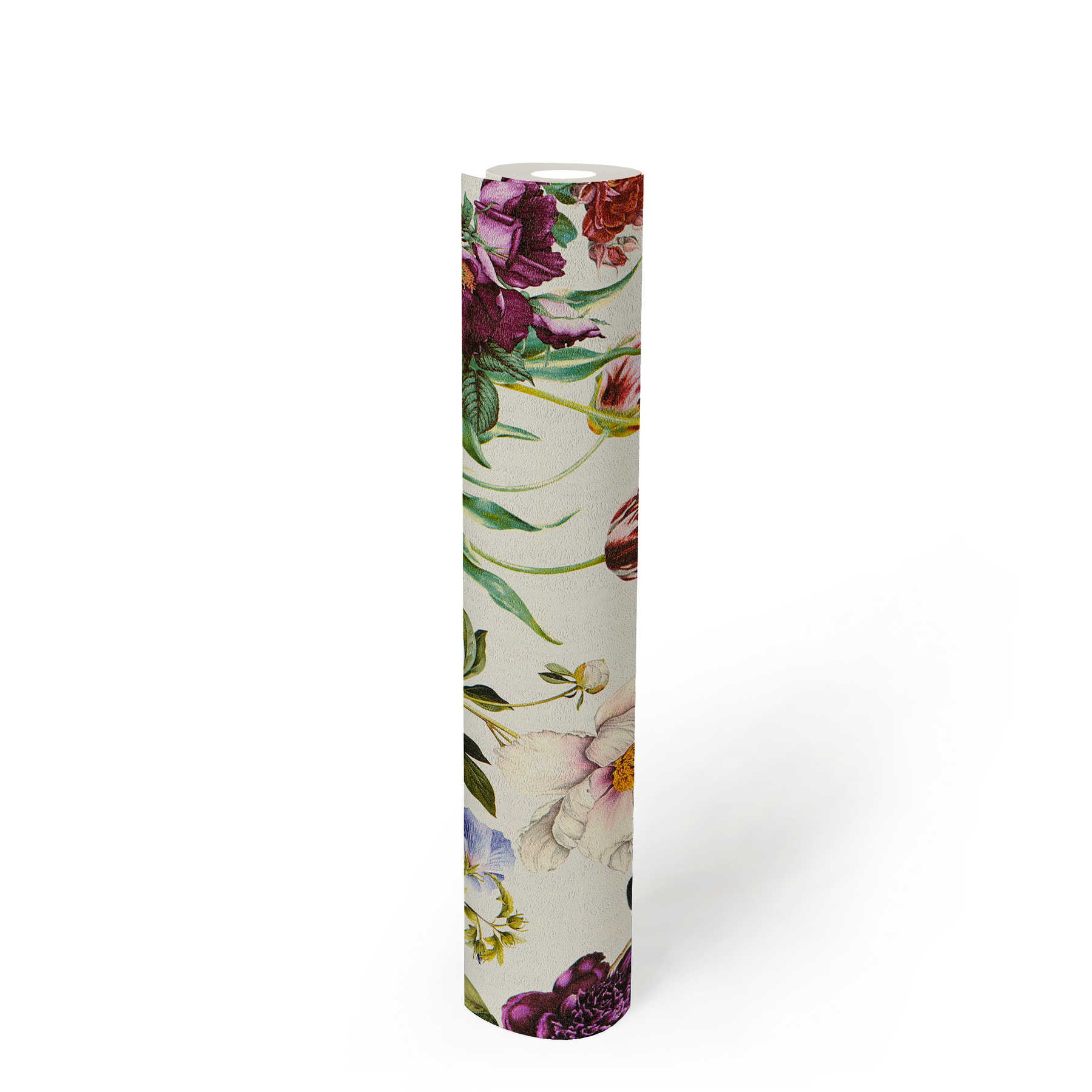             Floral wallpaper with flowers in bright colours - colourful, green, grey
        