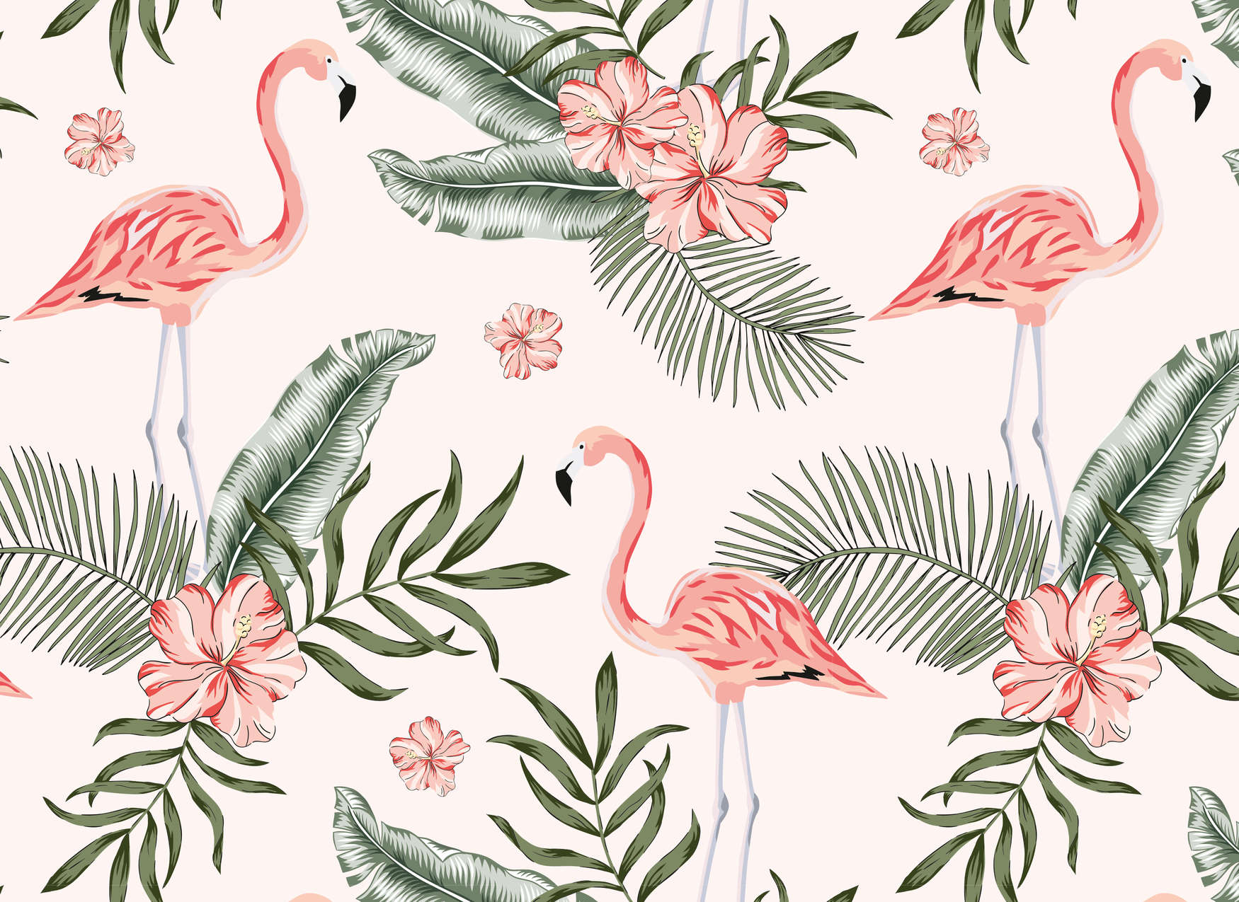             Flamingo's en tropische planten - wit, roze, groen
        