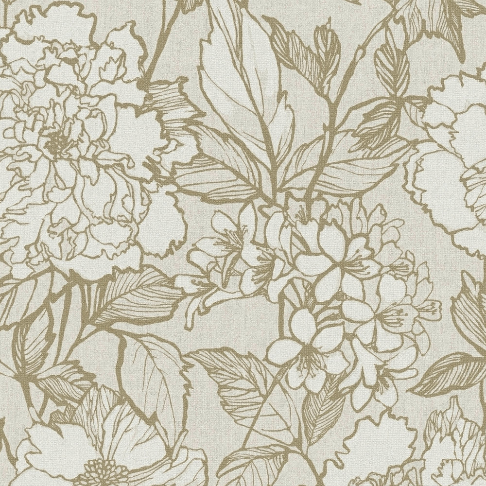             Papel pintado no tejido con motivo floral retro y aspecto textil - beige
        