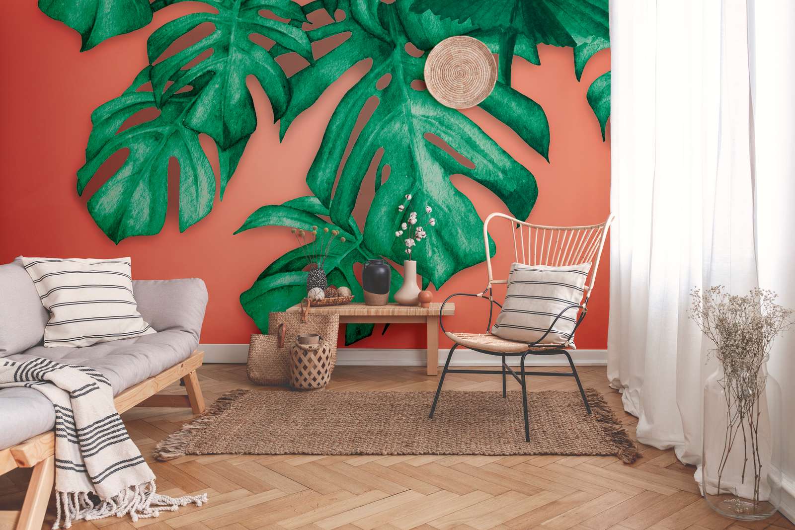             Papier peint avec des feuilles de palmier tropicales - vert, orange
        