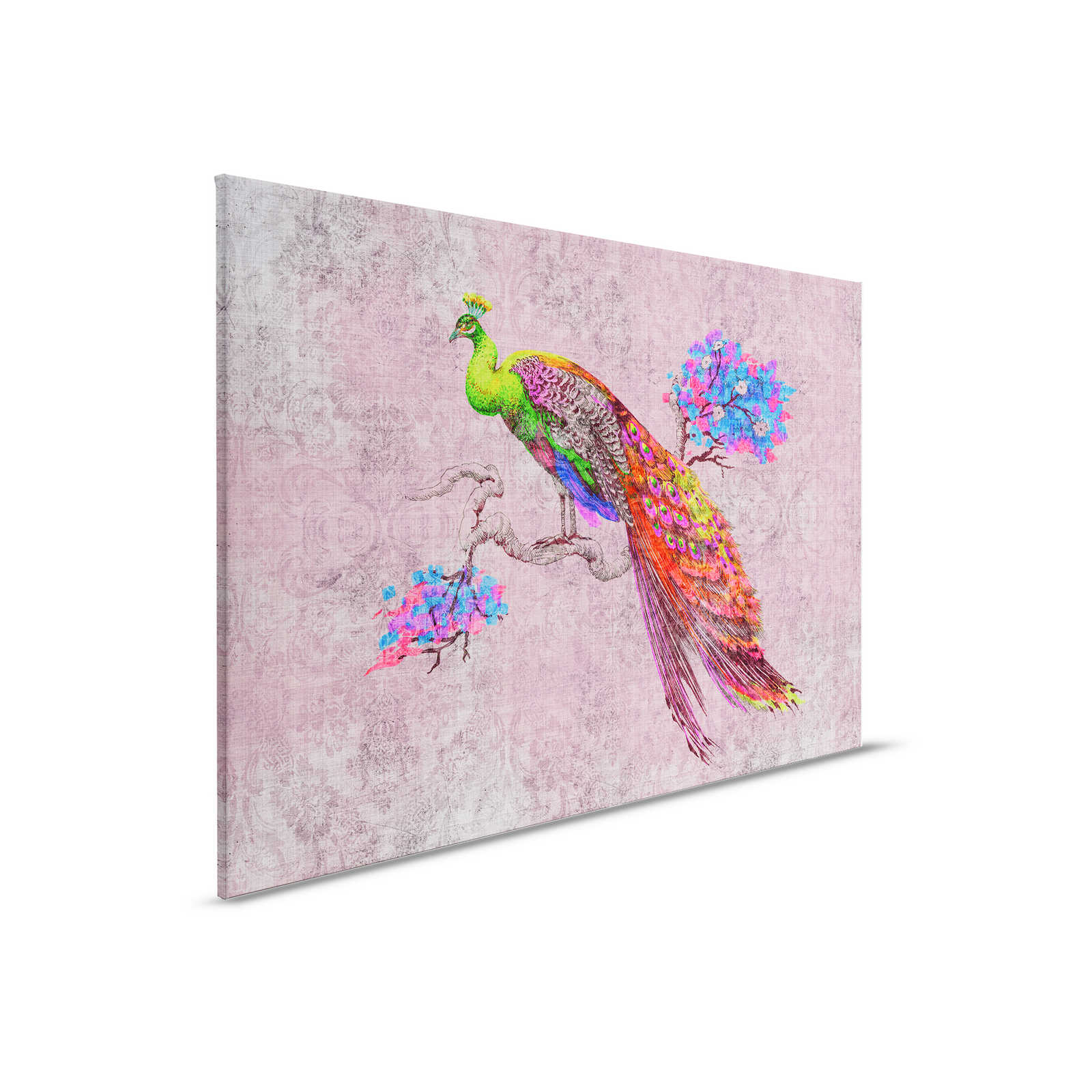Peacock 2 - Canvas painting with peacock motif & ornament pattern in natural linen structure - 0.90 m x 0.60 m
