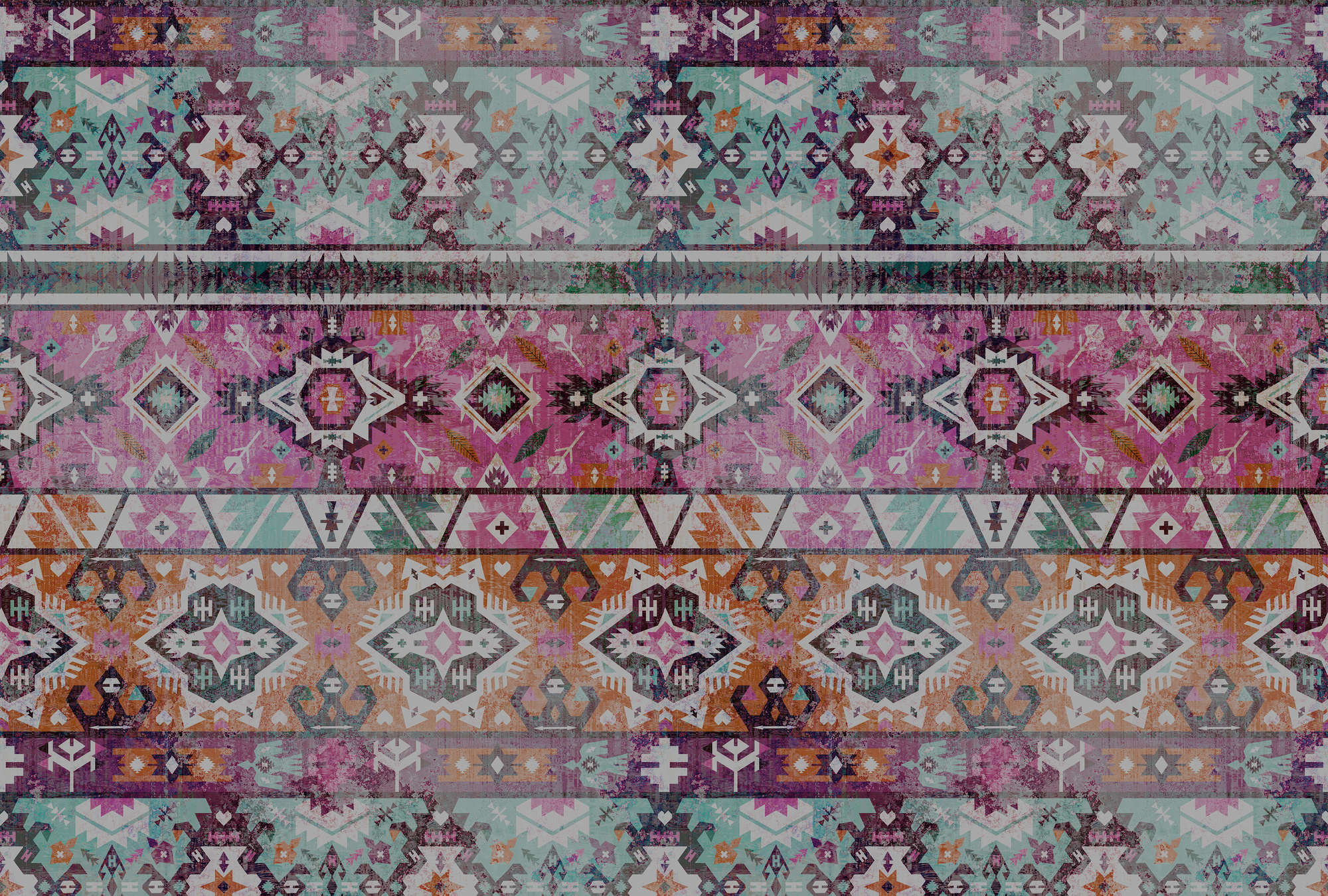             Muurschildering etnisch textielpatroon, geometrisch - Roze, Blauw
        