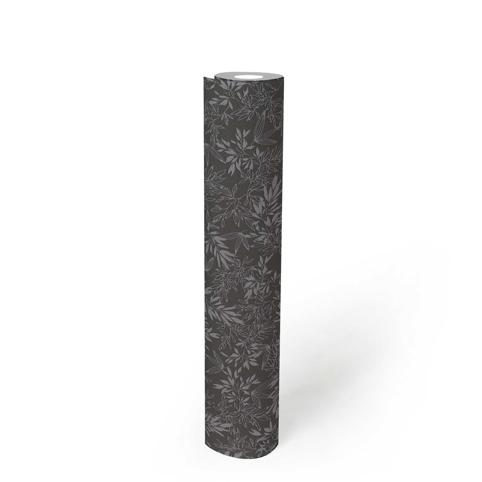             Wallpaper with leaves motif and foam structure - black, grey
        