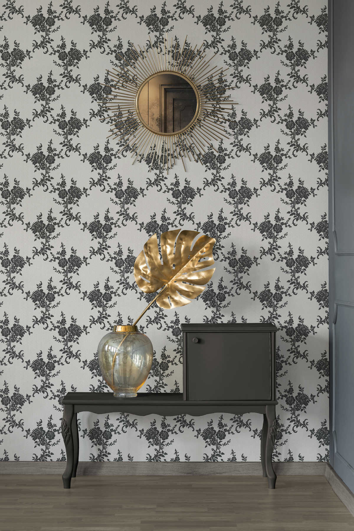             Wallpaper floral ornaments & chevron pattern - black, white, silver
        