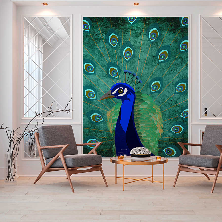         Peacock mural with feather wheel - blue, green, petrol
    