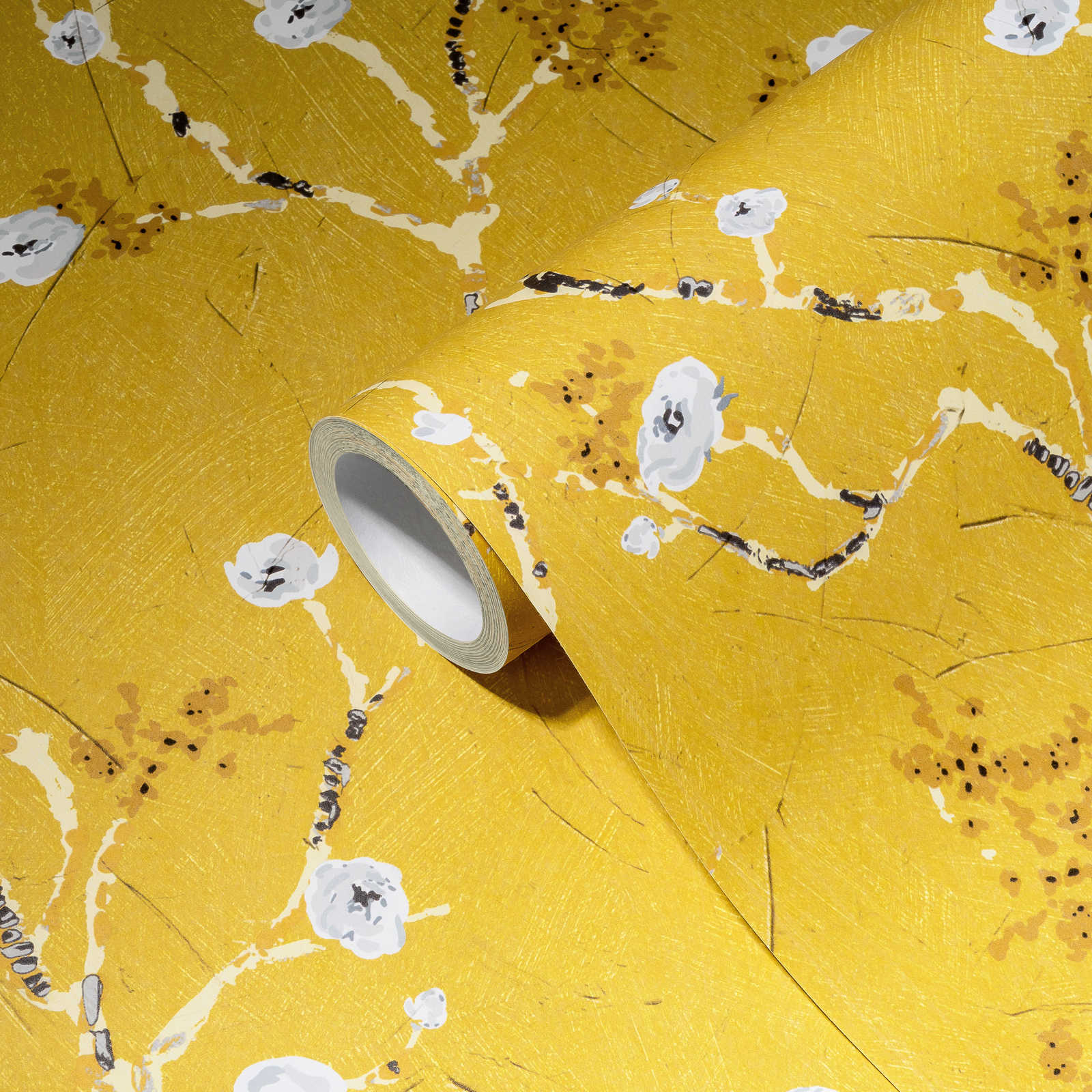             Yellow wallpaper with flowering branches in drawing style
        